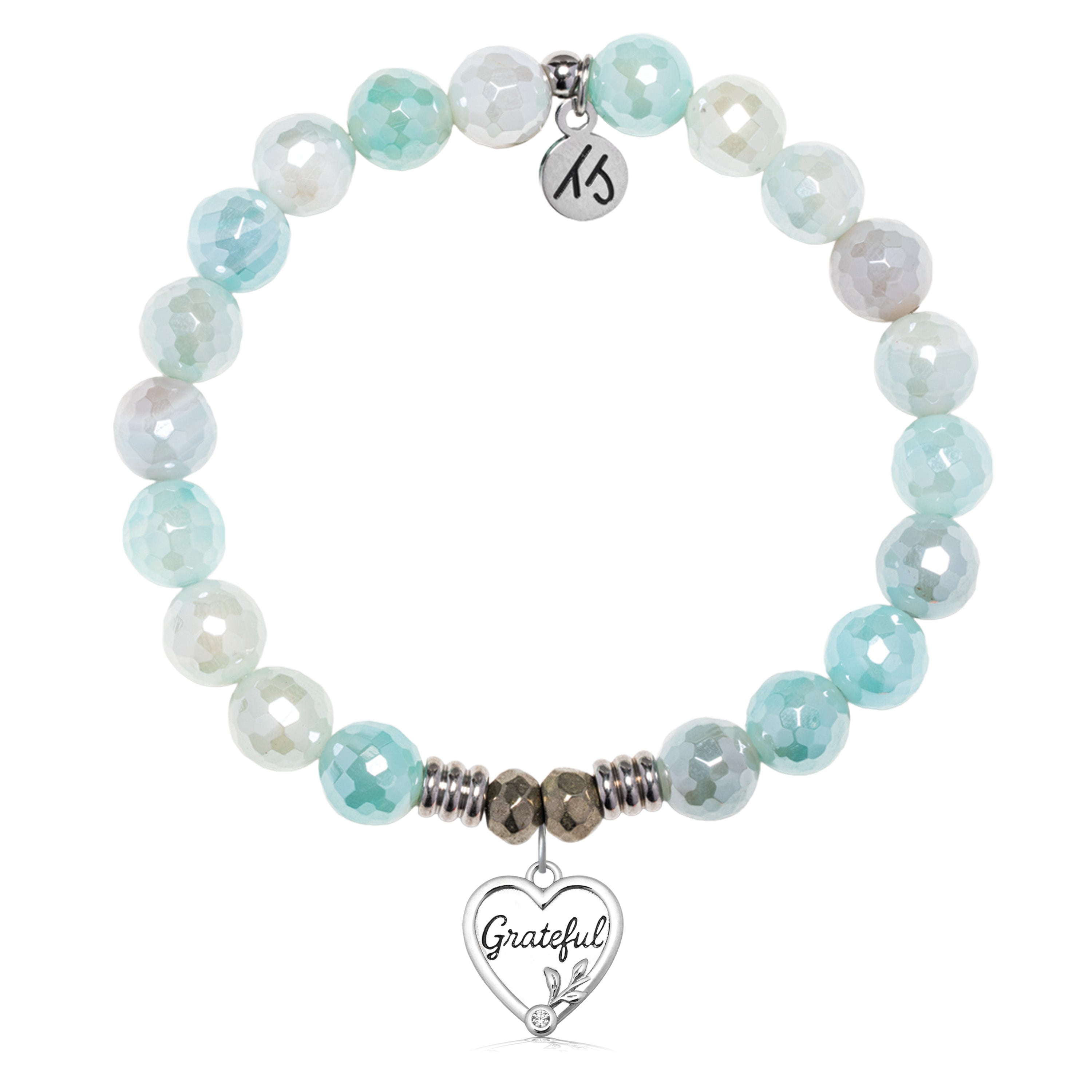 Aqua Agate Gemstone Bracelet with Grateful Sterling Silver Charm