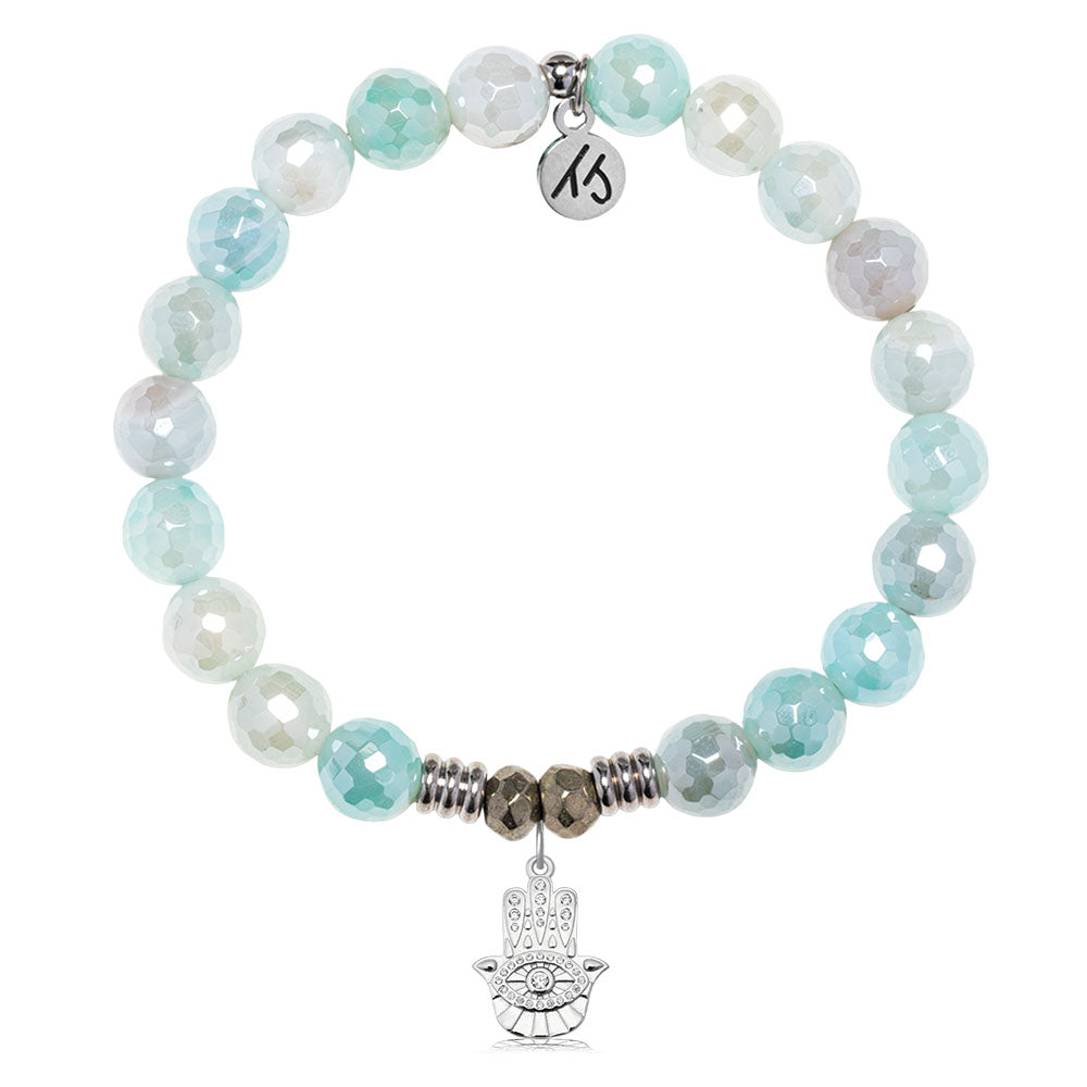 Aqua Agate Gemstone Bracelet with Hamsa CZ Sterling Silver Charm