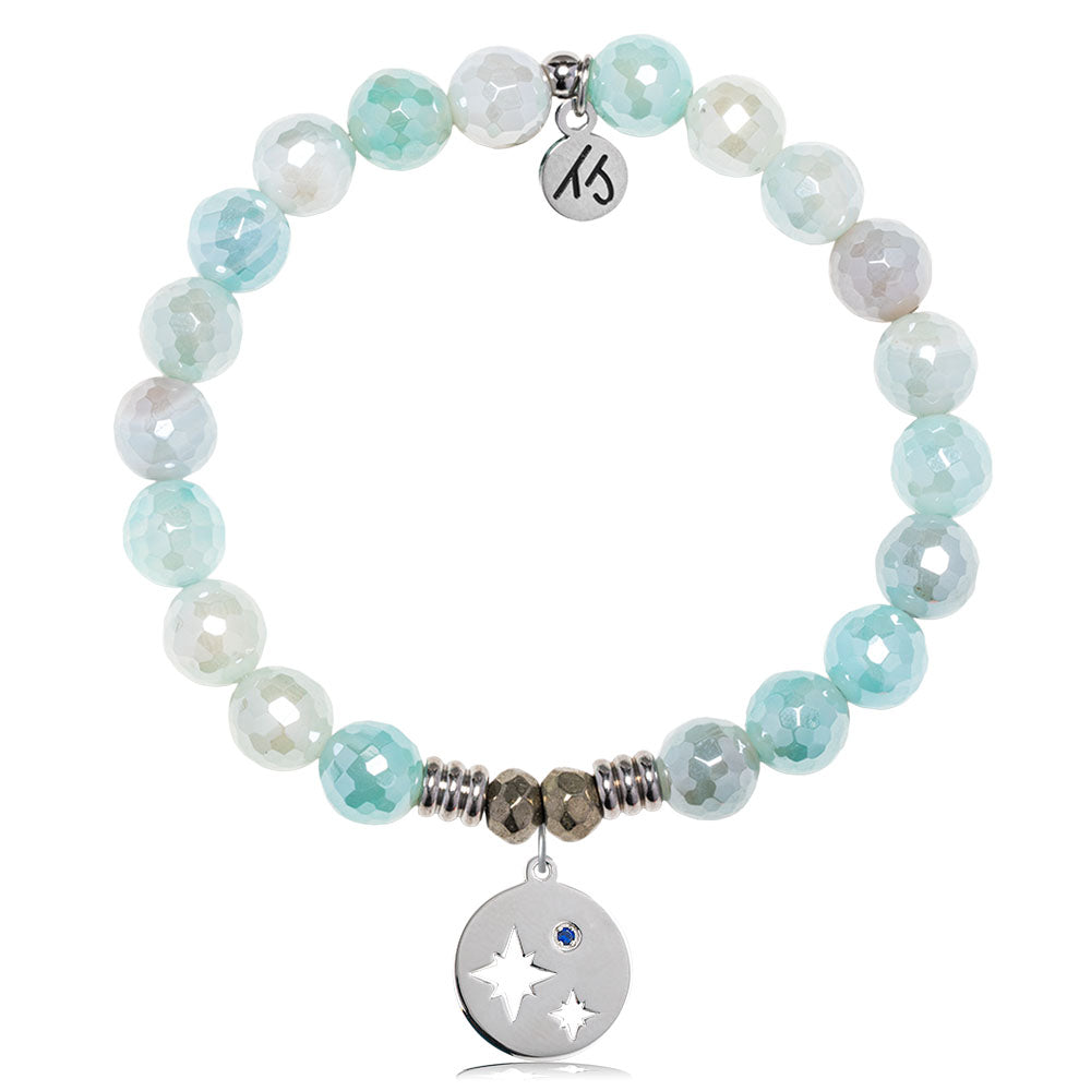 Aqua Agate Gemstone Bracelet with Mother Son Sterling Silver Charm