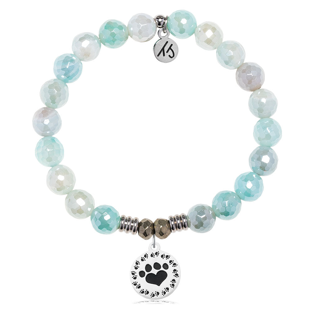 Aqua Agate Gemstone Bracelet with Paw Print Sterling Silver Charm