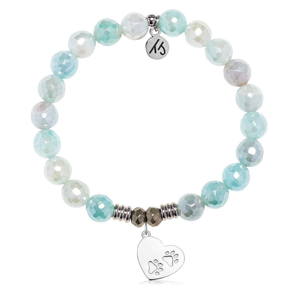 Aqua Agate Gemstone Bracelet with Paws of Love Sterling Silver Charm