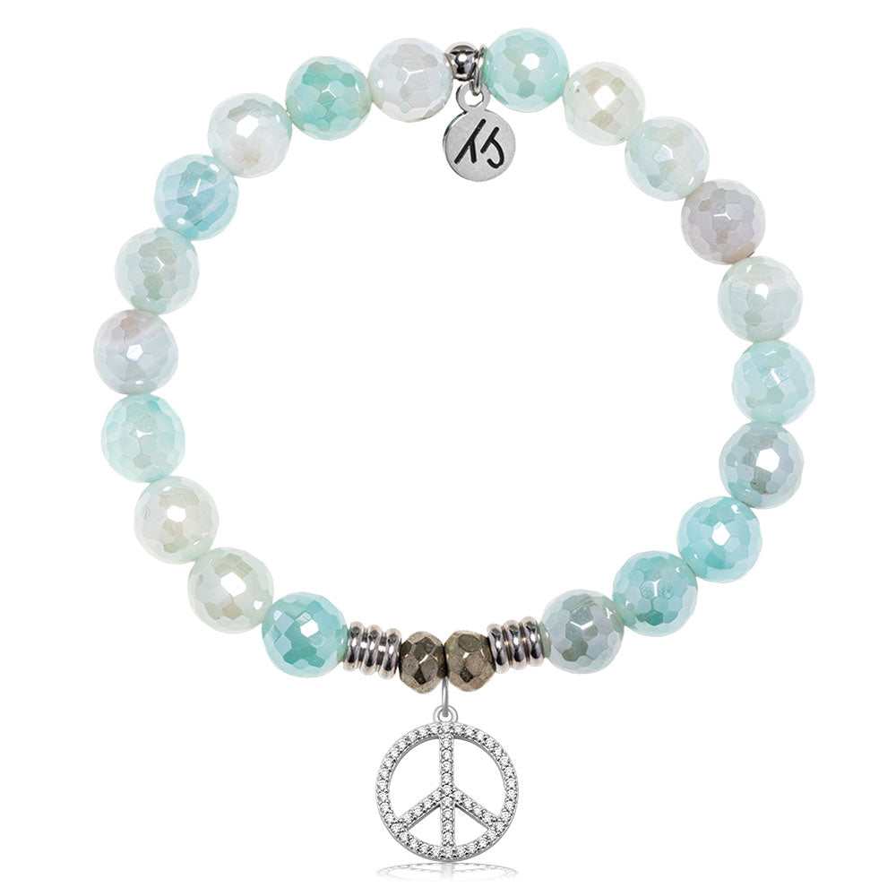 Aqua Agate Gemstone Bracelet with Peace CZ Sterling Silver Charm