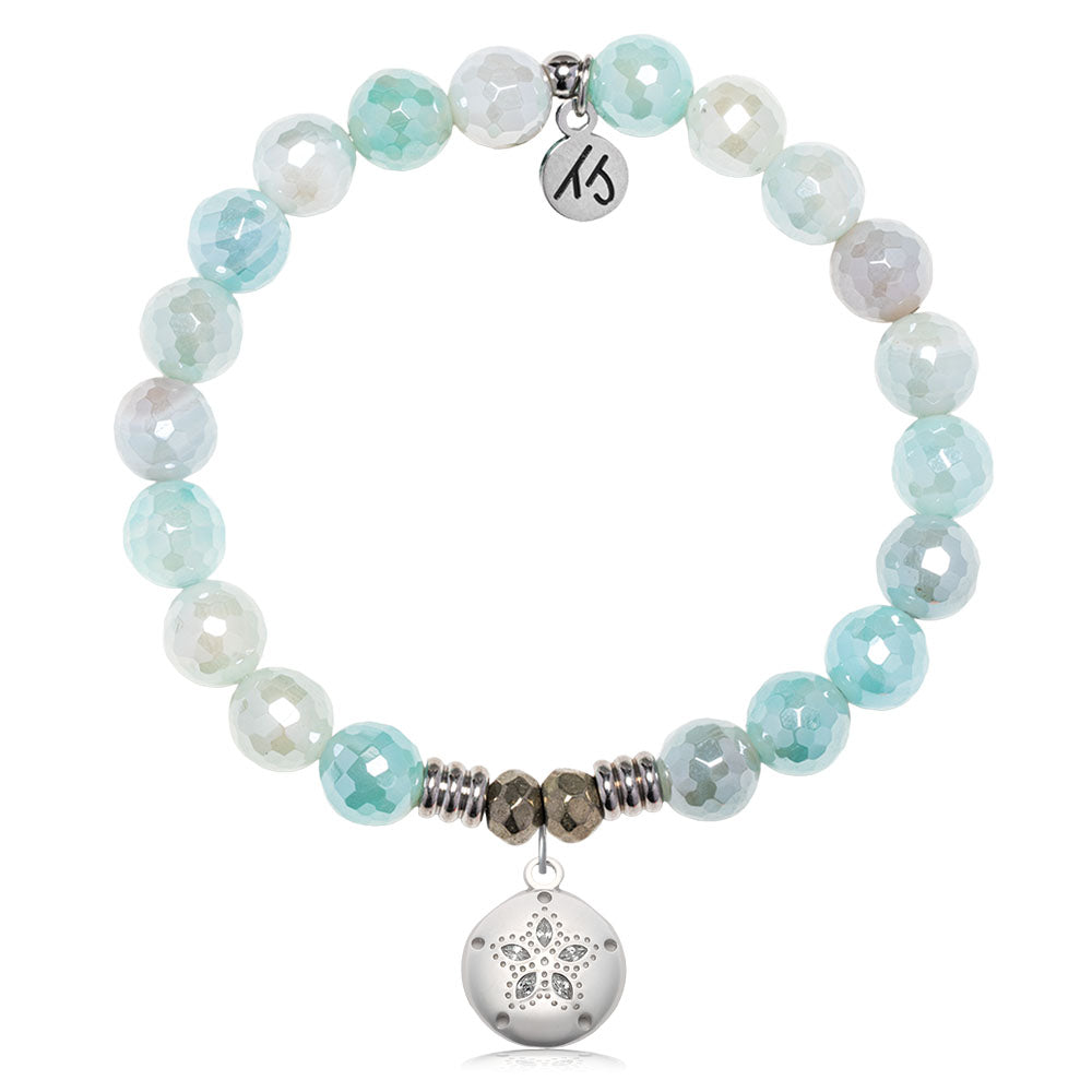 Aqua Agate Gemstone Bracelet with Sand Dollar CZ Sterling Silver Charm