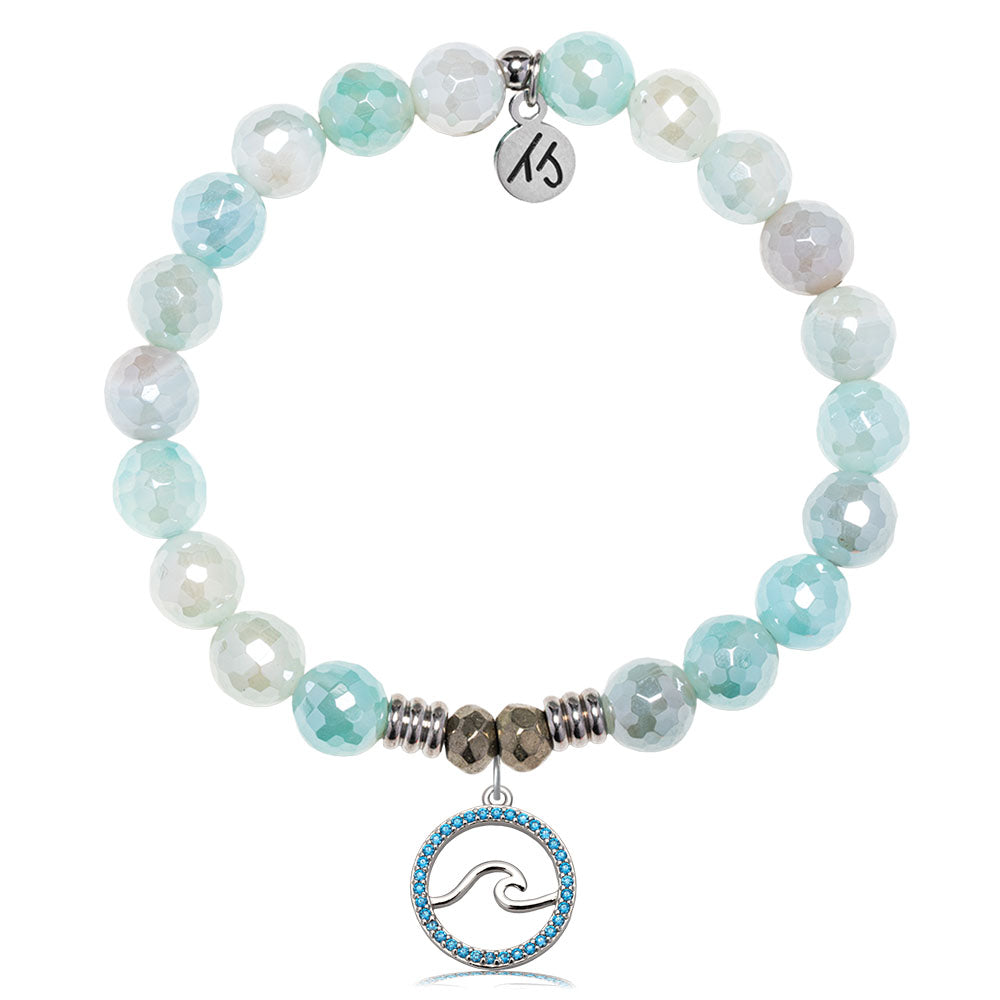 Aqua Agate Gemstone Bracelet with Serenity Wave Sterling Silver Charm