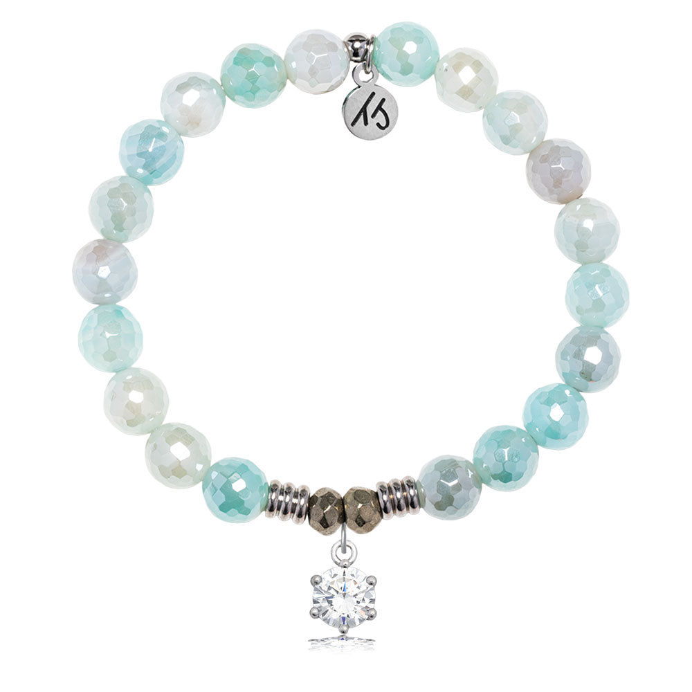 Aqua Agate Gemstone Bracelet with Shine Like A Diamond Sterling Silver Charm