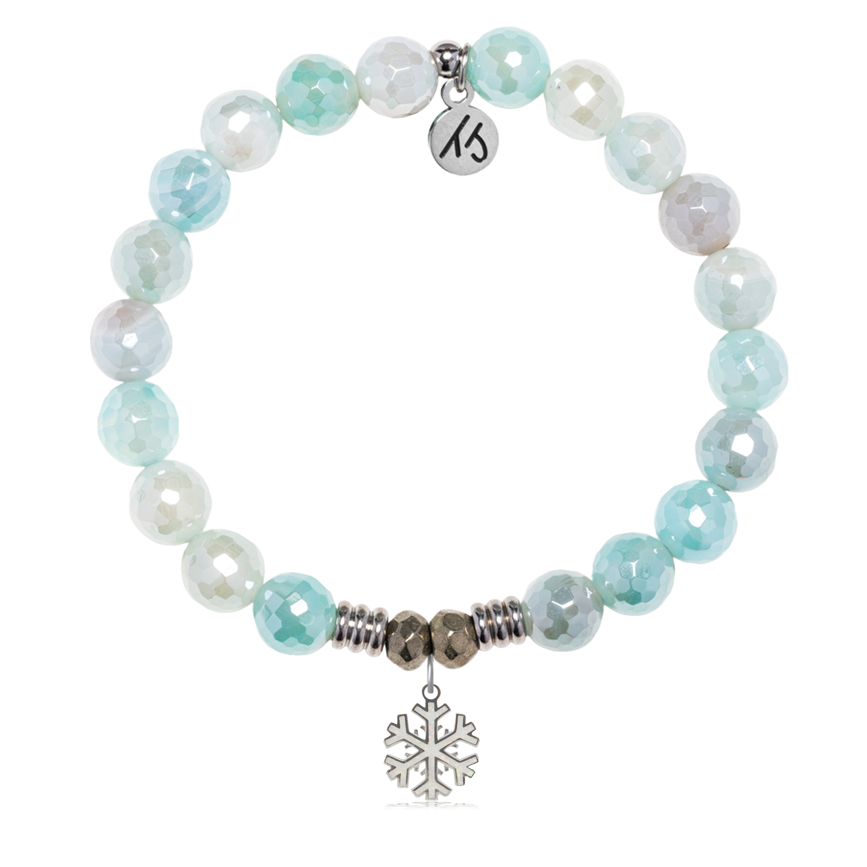 Aqua Agate Gemstone Bracelet with Snowflake Opal Sterling Silver Charm