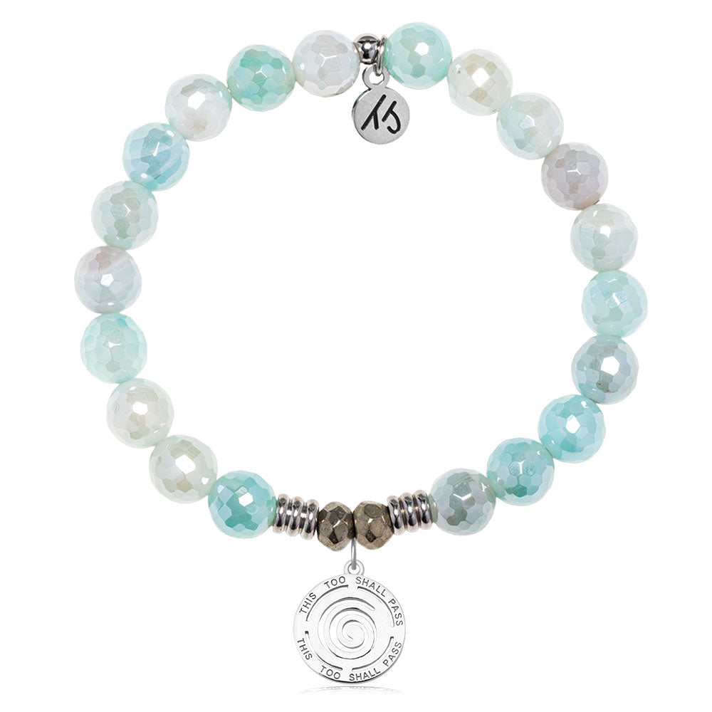 Aqua Agate Gemstone Bracelet with This Too Shall Pass Sterling Silver Charm