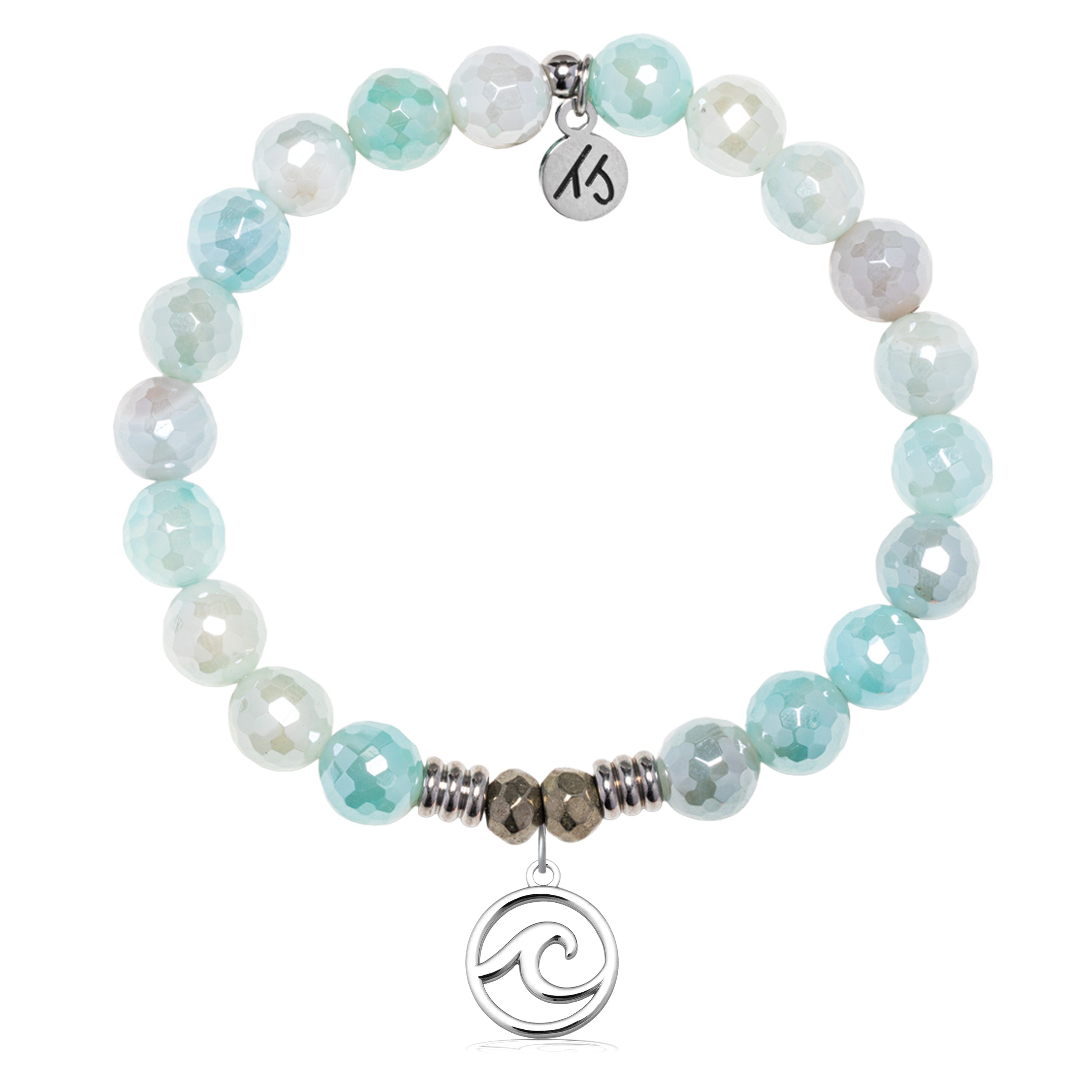 Aqua Agate Gemstone Bracelet with Wave Cutout Sterling Silver Charm