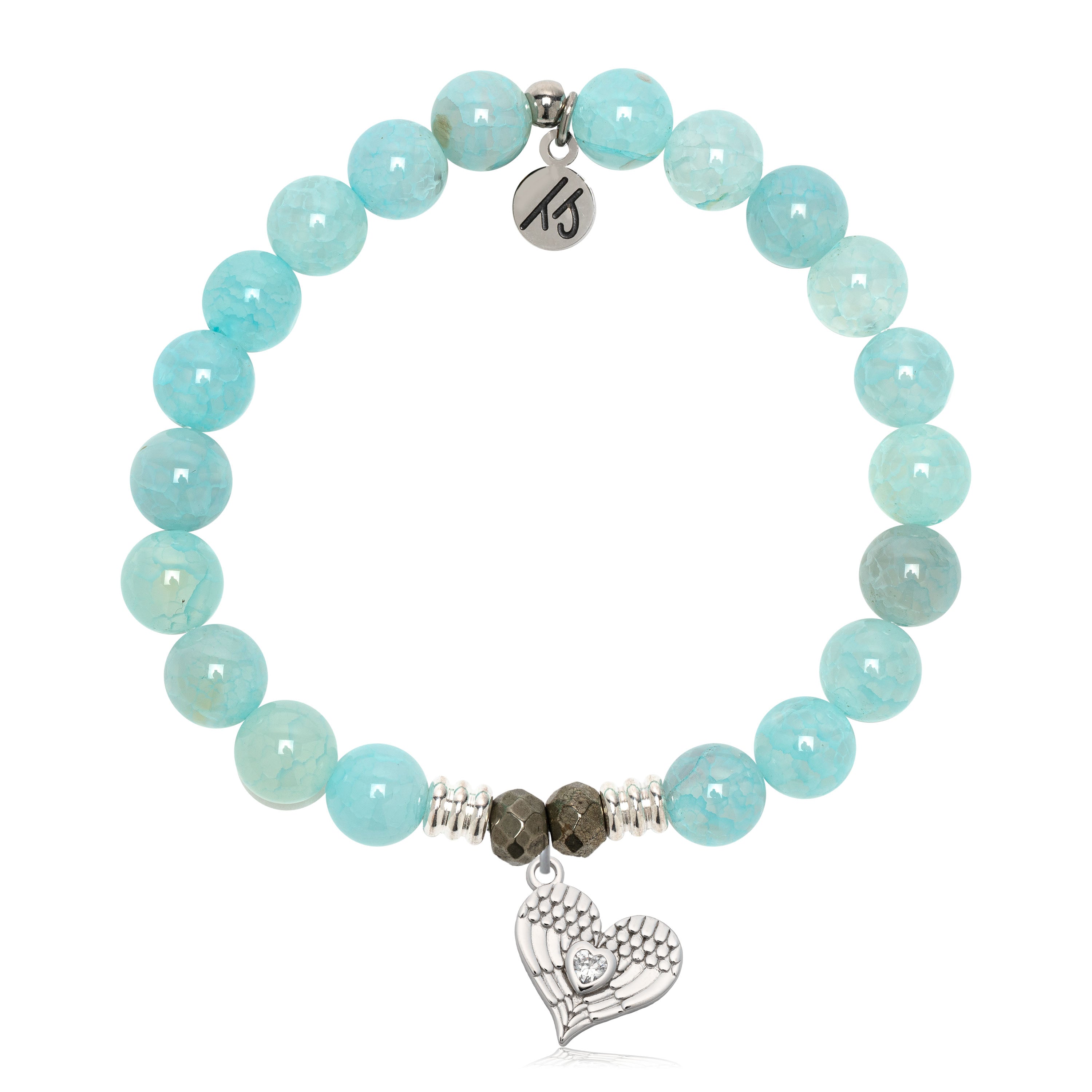 Aqua Fire Agate Gemstone Bracelet with Angel Love Sterling Silver Charm