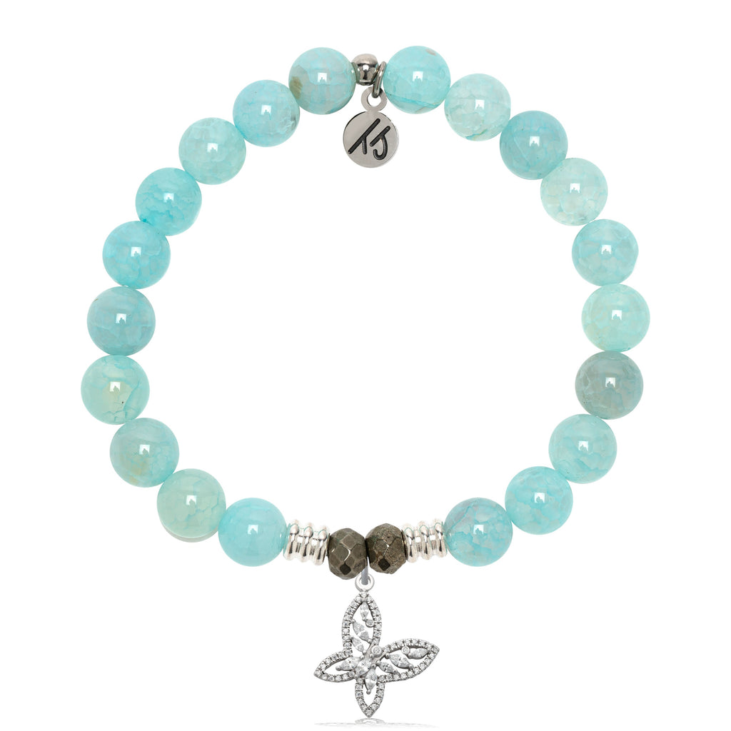 Aqua Fire Agate Gemstone Bracelet with Butterfly CZ Sterling Silver Charm