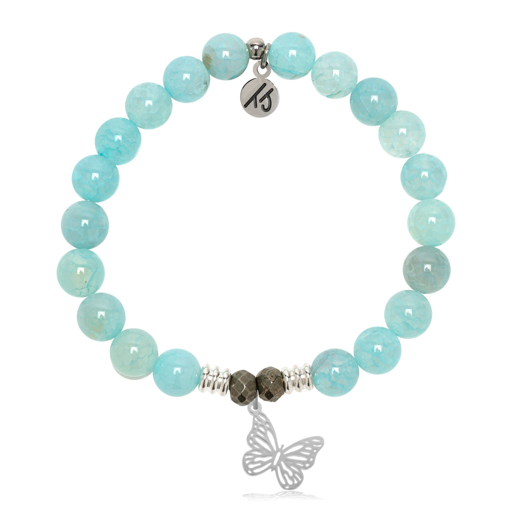 Aqua Fire Agate Gemstone Bracelet with Butterfly Sterling Silver Charm