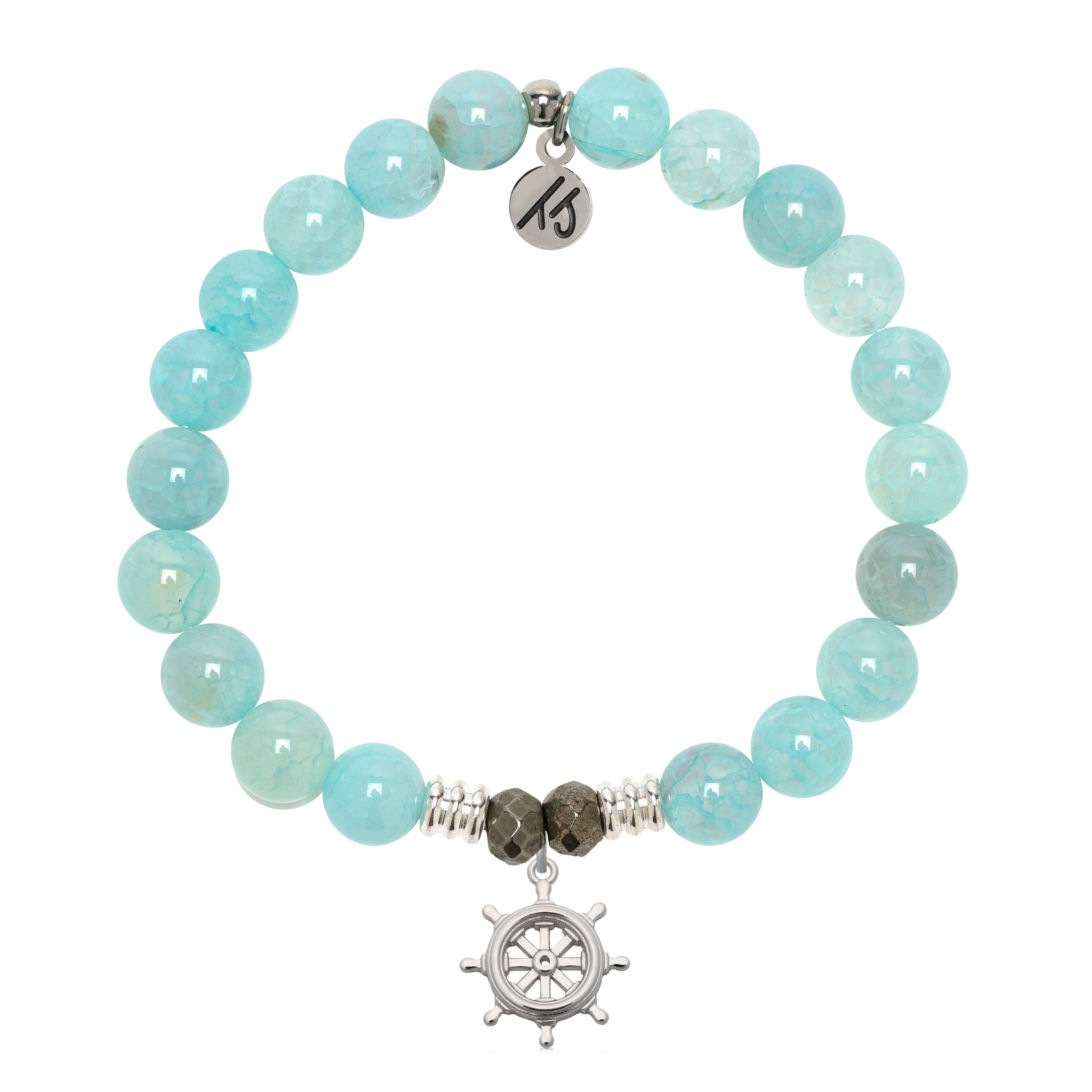 Aqua Fire Agate Gemstone Bracelet with Captain Wheel Sterling Silver Charm