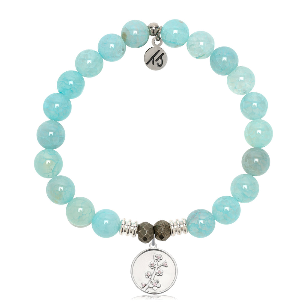 Aqua Fire Agate Gemstone Bracelet with Cherry Blossom Sterling Silver Charm