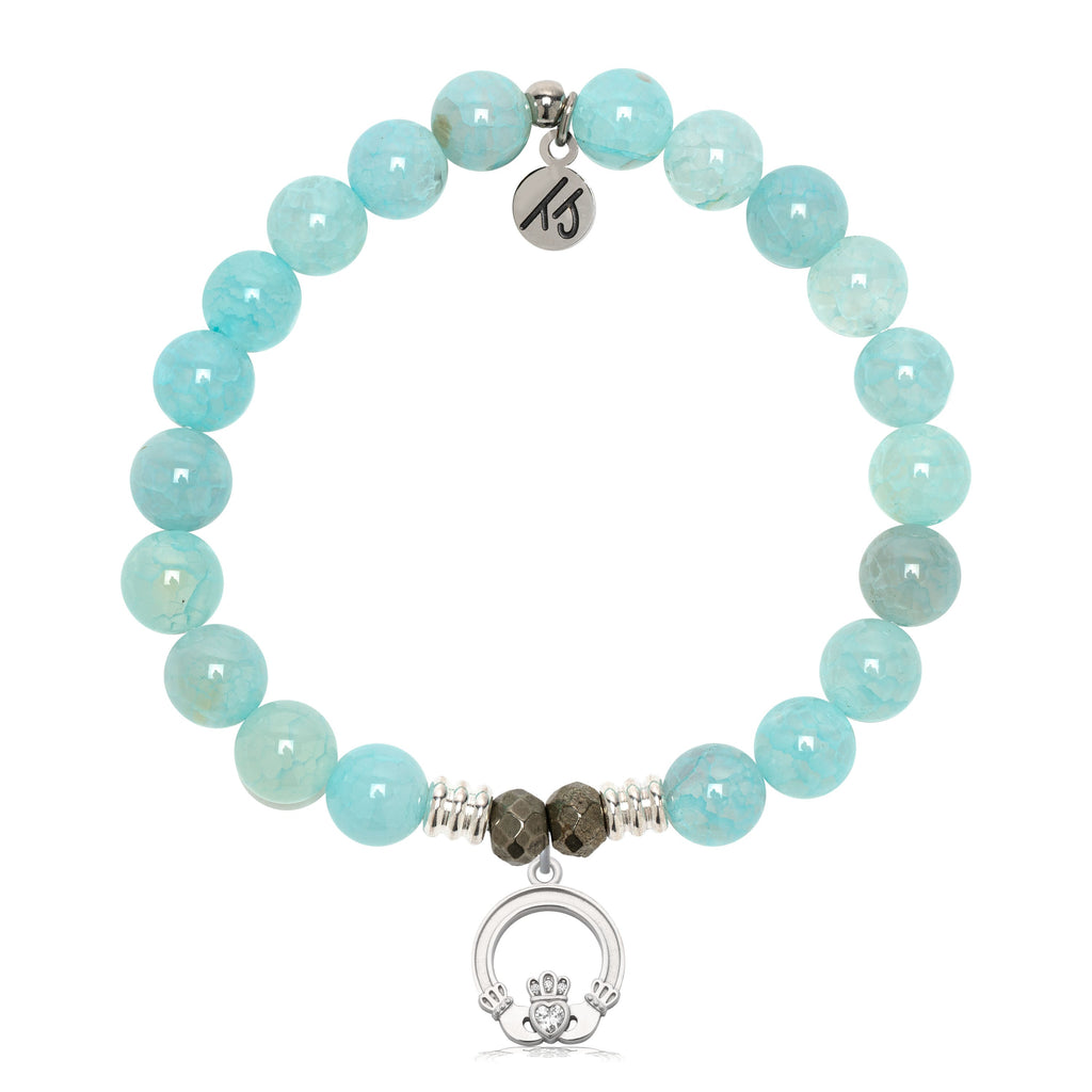 Aqua Fire Agate Gemstone Bracelet with Claddagh Sterling Silver Charm