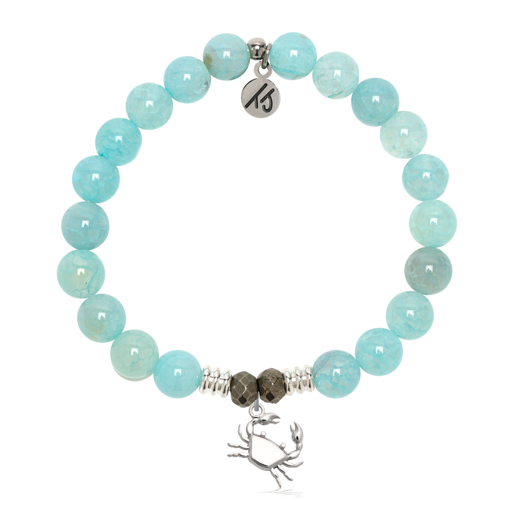 Aqua Fire Agate Gemstone Bracelet with Crab Sterling Silver Charm