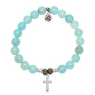 Aqua Fire Agate Gemstone Bracelet with Cross Sterling Silver Charm