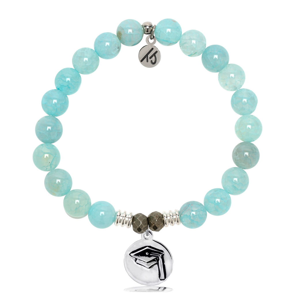 Aqua Fire Agate Gemstone Bracelet with Grad Cap Sterling Silver Charm