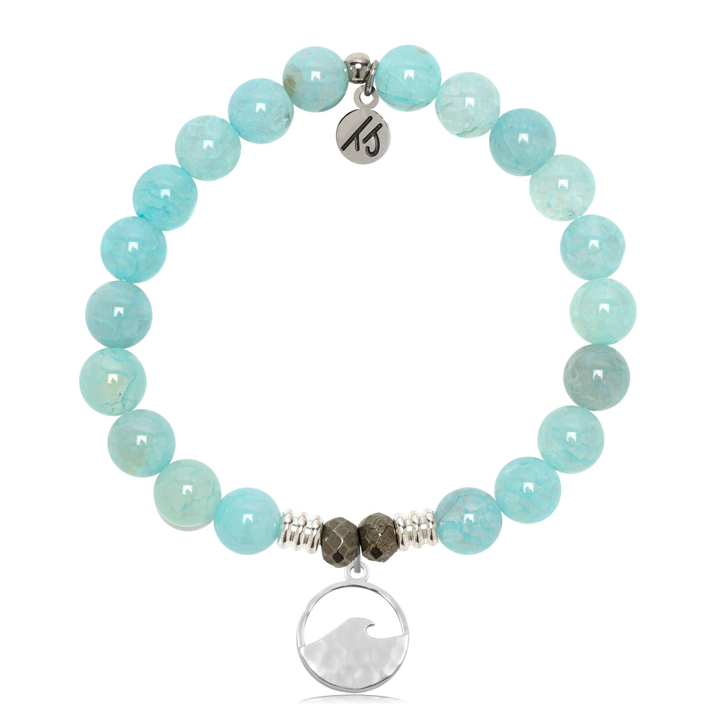 Aqua Fire Agate Gemstone Bracelet with Hammered Waves Sterling Silver Charm