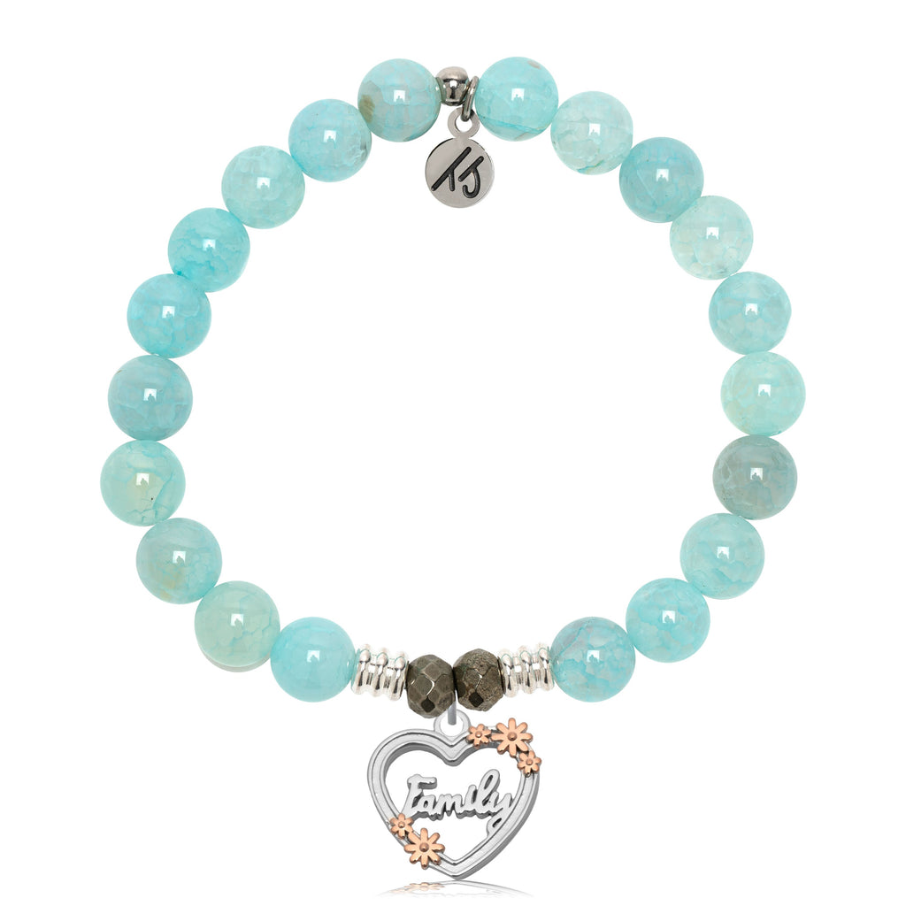 Aqua Fire Agate Gemstone Bracelet with Heart Family Sterling Silver Charm