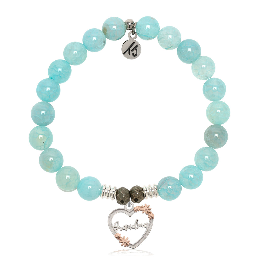 Aqua Fire Agate Gemstone Bracelet with Heart Grandma Sterling Silver Charm