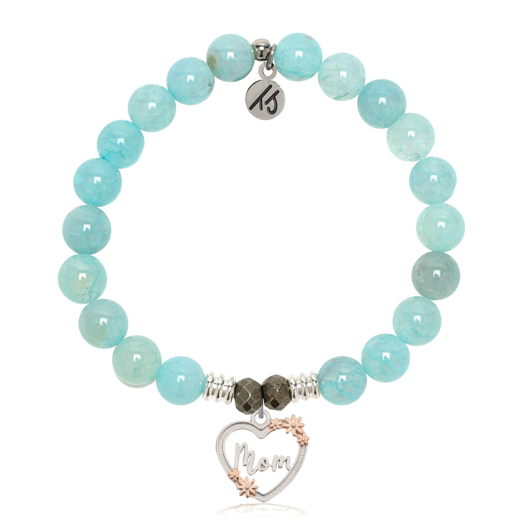 Aqua Fire Agate Gemstone Bracelet with Heart Mom Sterling Silver Charm