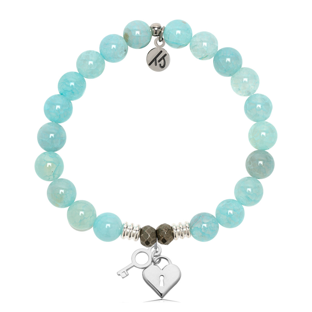 Aqua Fire Agate Gemstone Bracelet with Key to My Heart Sterling Silver Charm