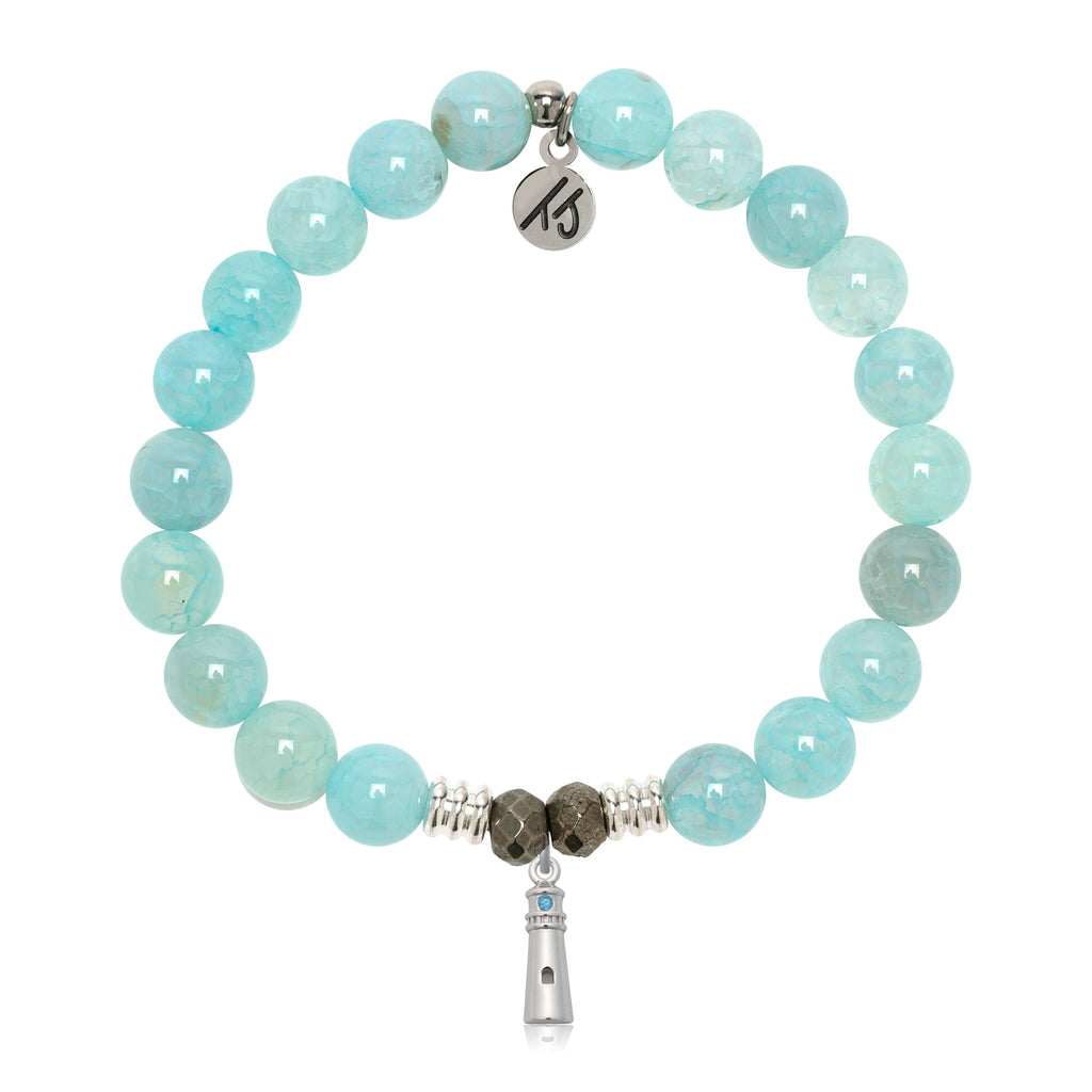 Aqua Fire Agate Gemstone Bracelet with Lighthouse Sterling Silver Charm