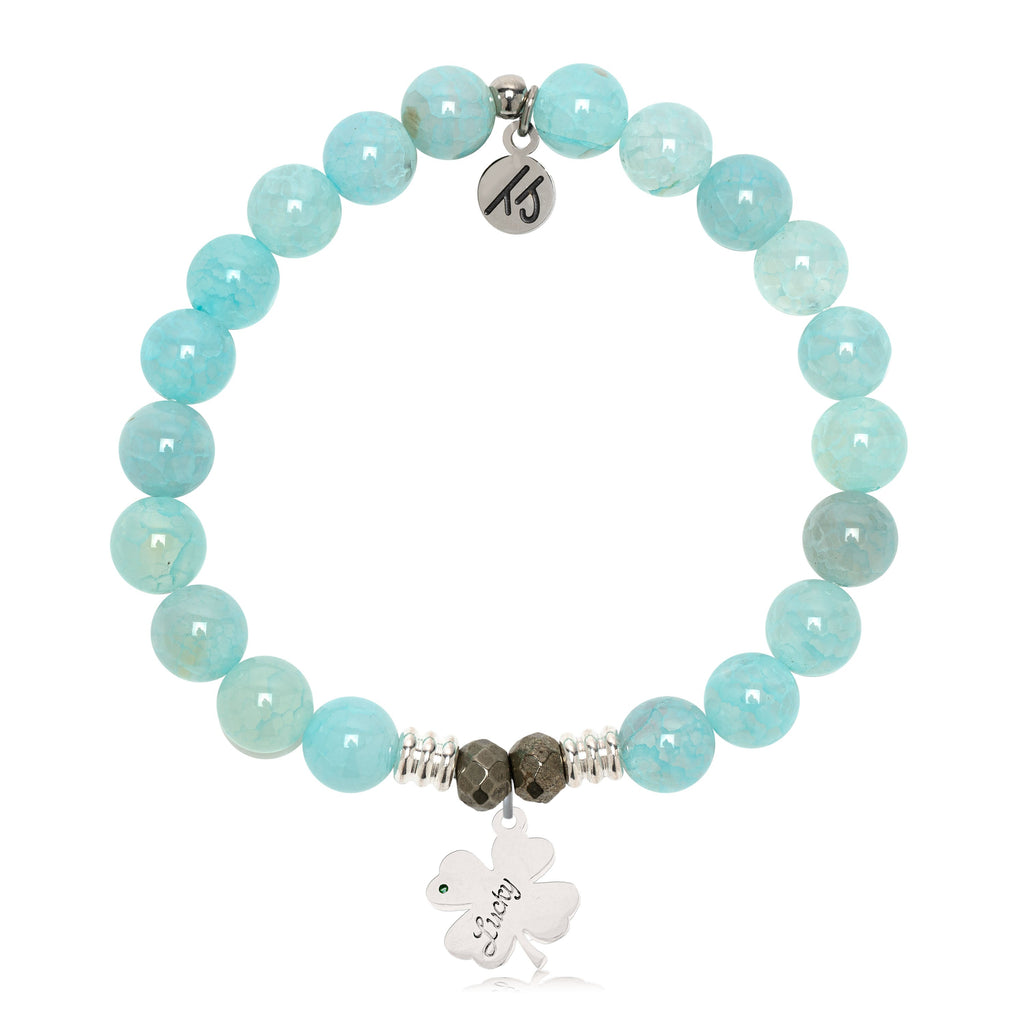 Aqua Fire Agate Gemstone Bracelet with Lucky Clover Sterling Silver Charm