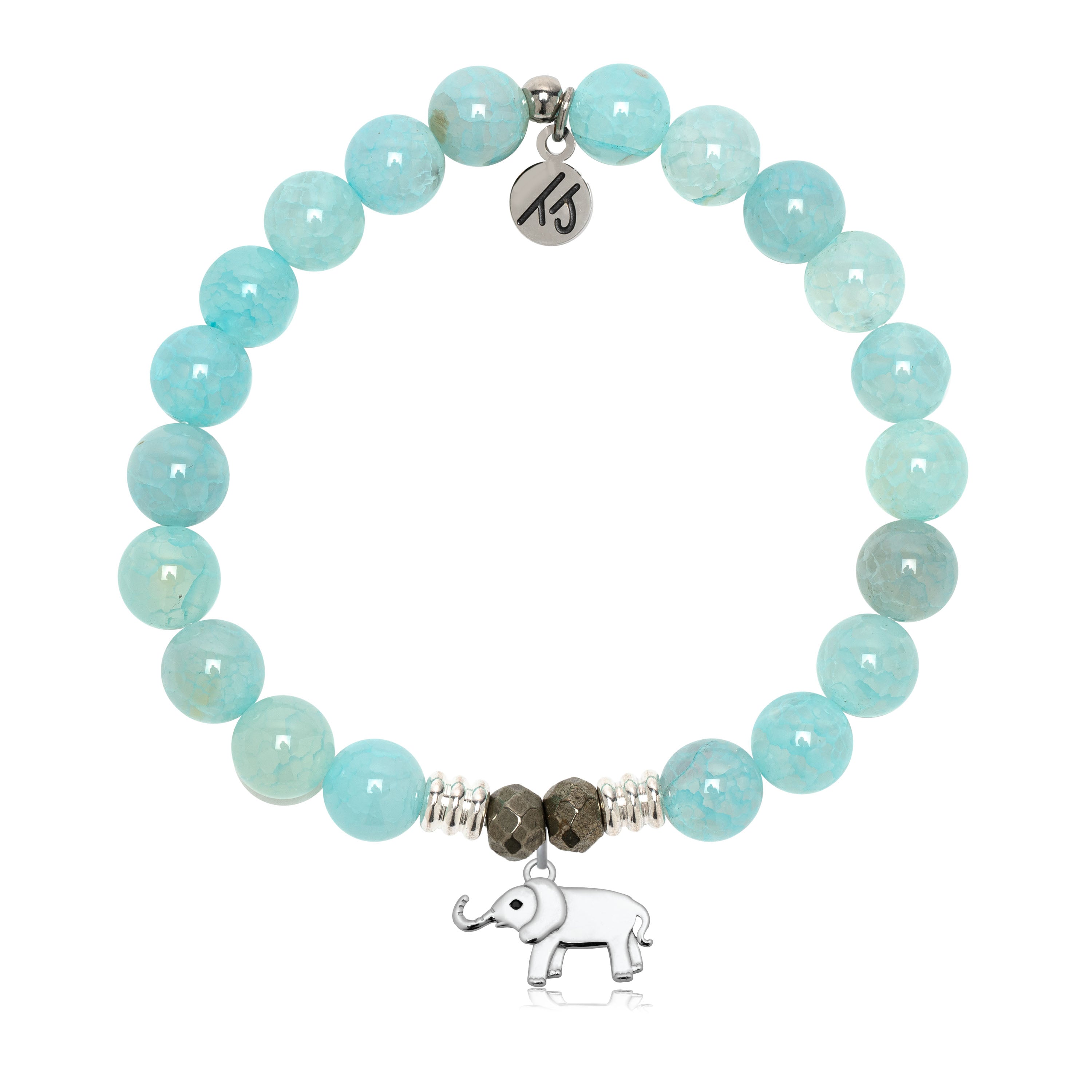 Aqua Fire Agate Gemstone Bracelet with Lucky Elephant Cutout Sterling Silver Charm