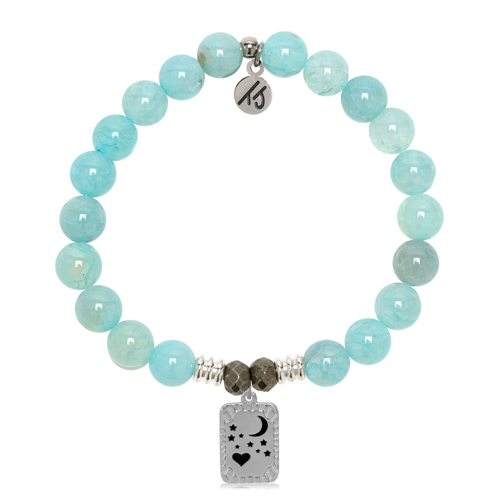 Aqua Fire Agate Gemstone Bracelet with Moon and Back Sterling Silver Charm