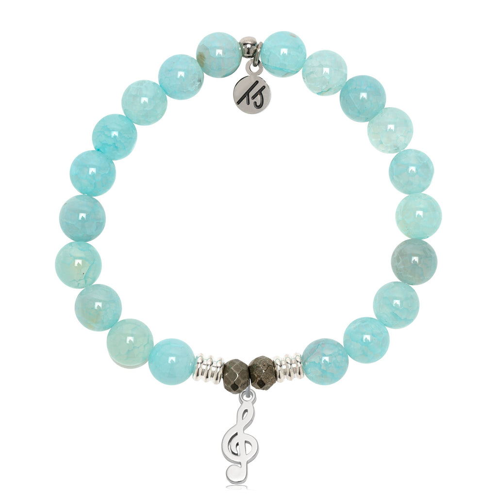 Aqua Fire Agate Gemstone Bracelet with Music Note Sterling Silver Charm