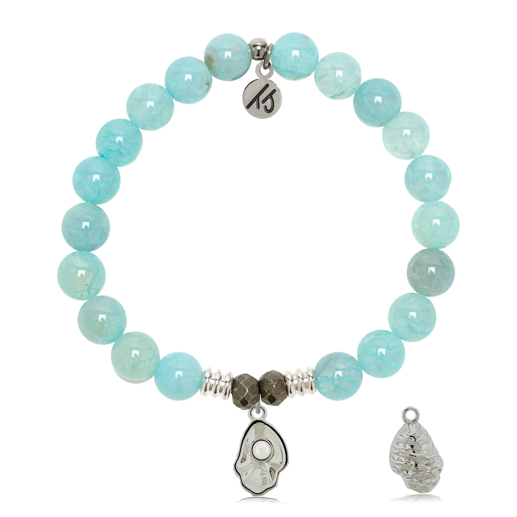 Aqua Fire Agate Gemstone Bracelet with Oyster Sterling Silver Charm