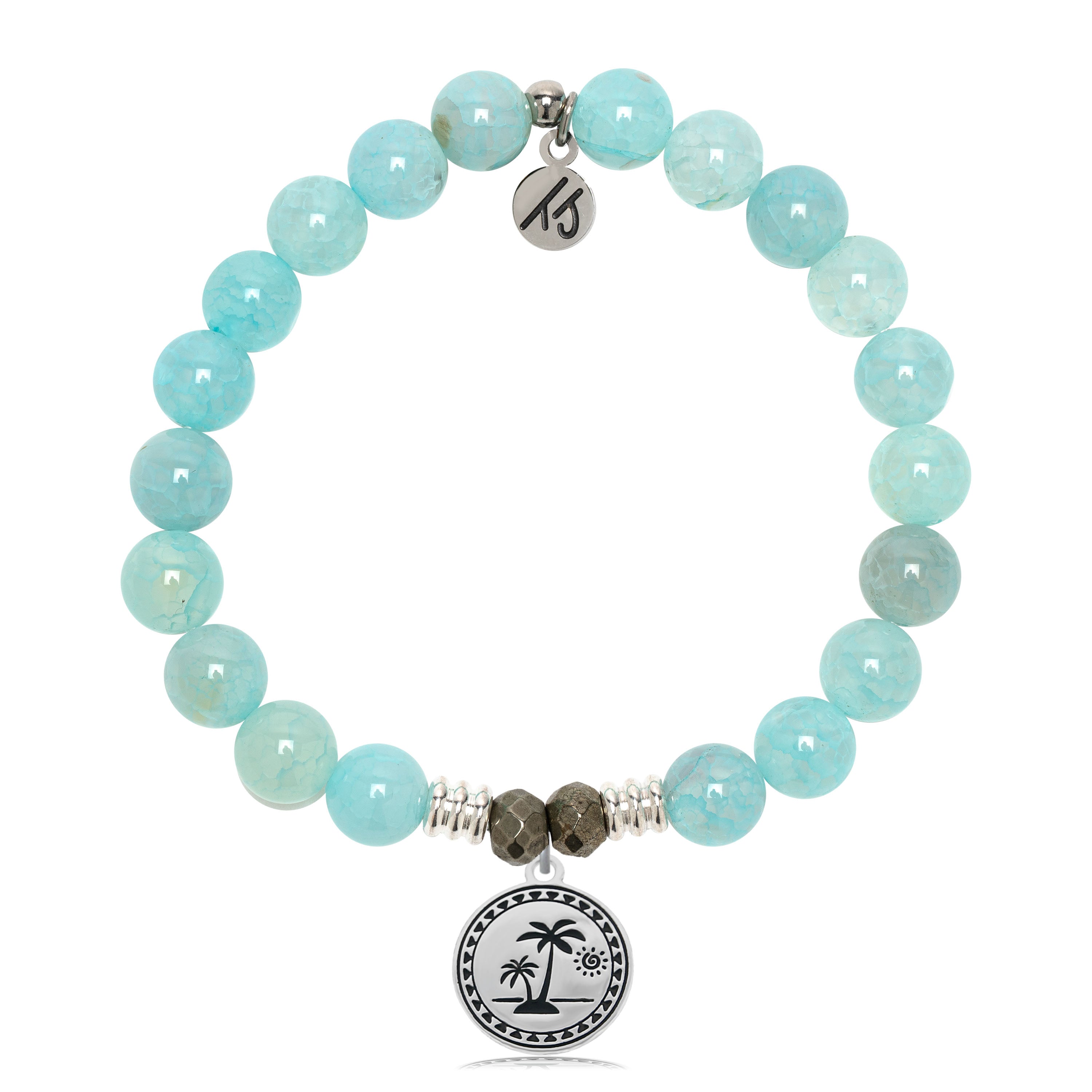 Aqua Fire Agate Gemstone Bracelet with Palm Tree Sterling Silver Charm