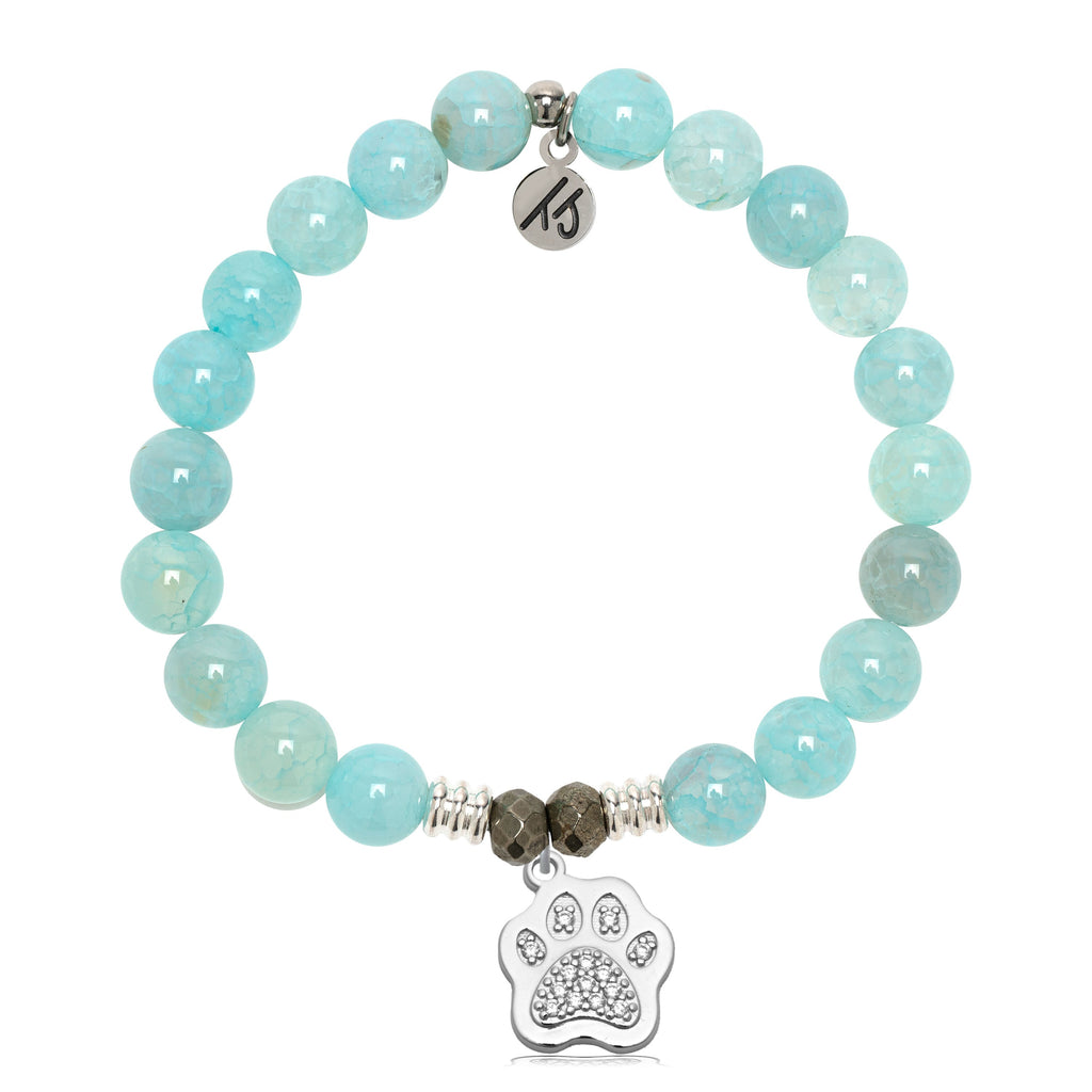 Aqua Fire Agate Gemstone Bracelet with Paw CZ Sterling Silver Charm