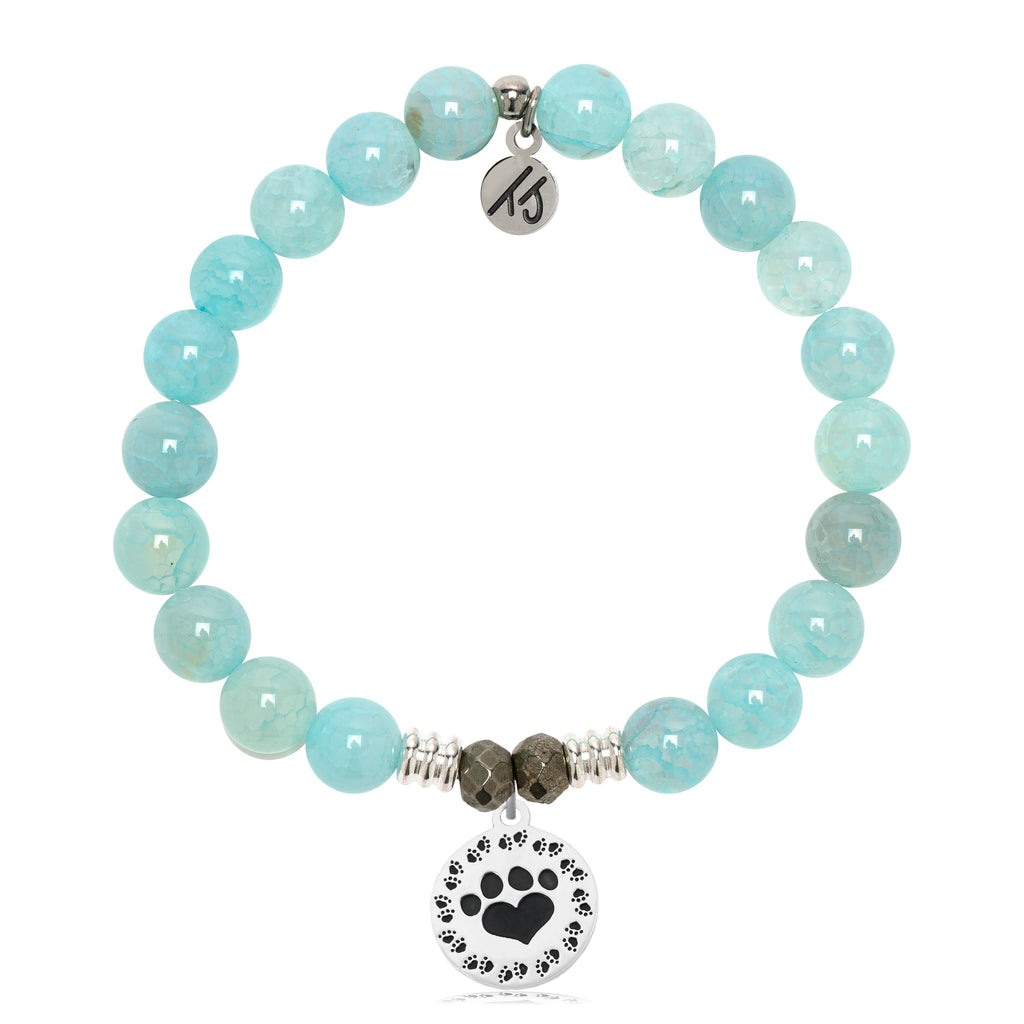 Aqua Fire Agate Gemstone Bracelet with Paw Print Sterling Silver Charm