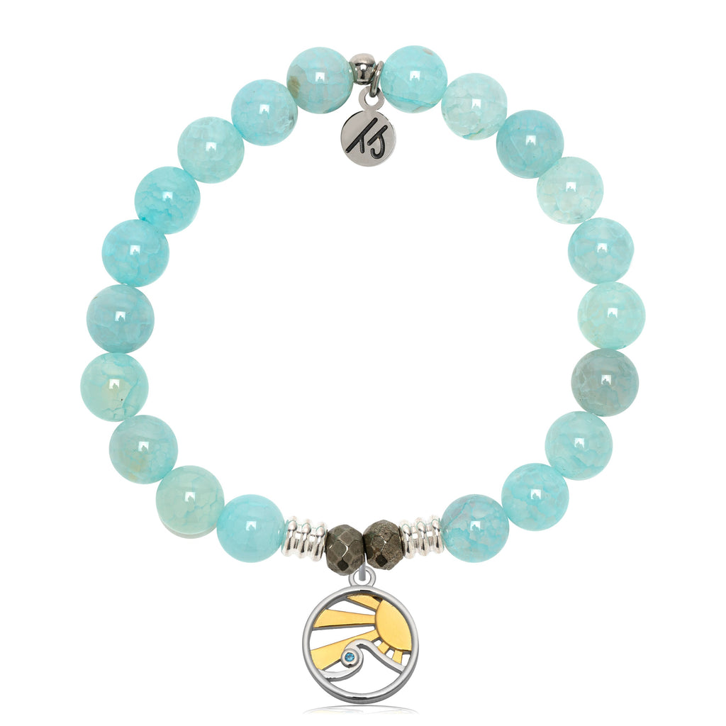 Aqua Fire Agate Gemstone Bracelet with Rising Sun Sterling Silver Charm