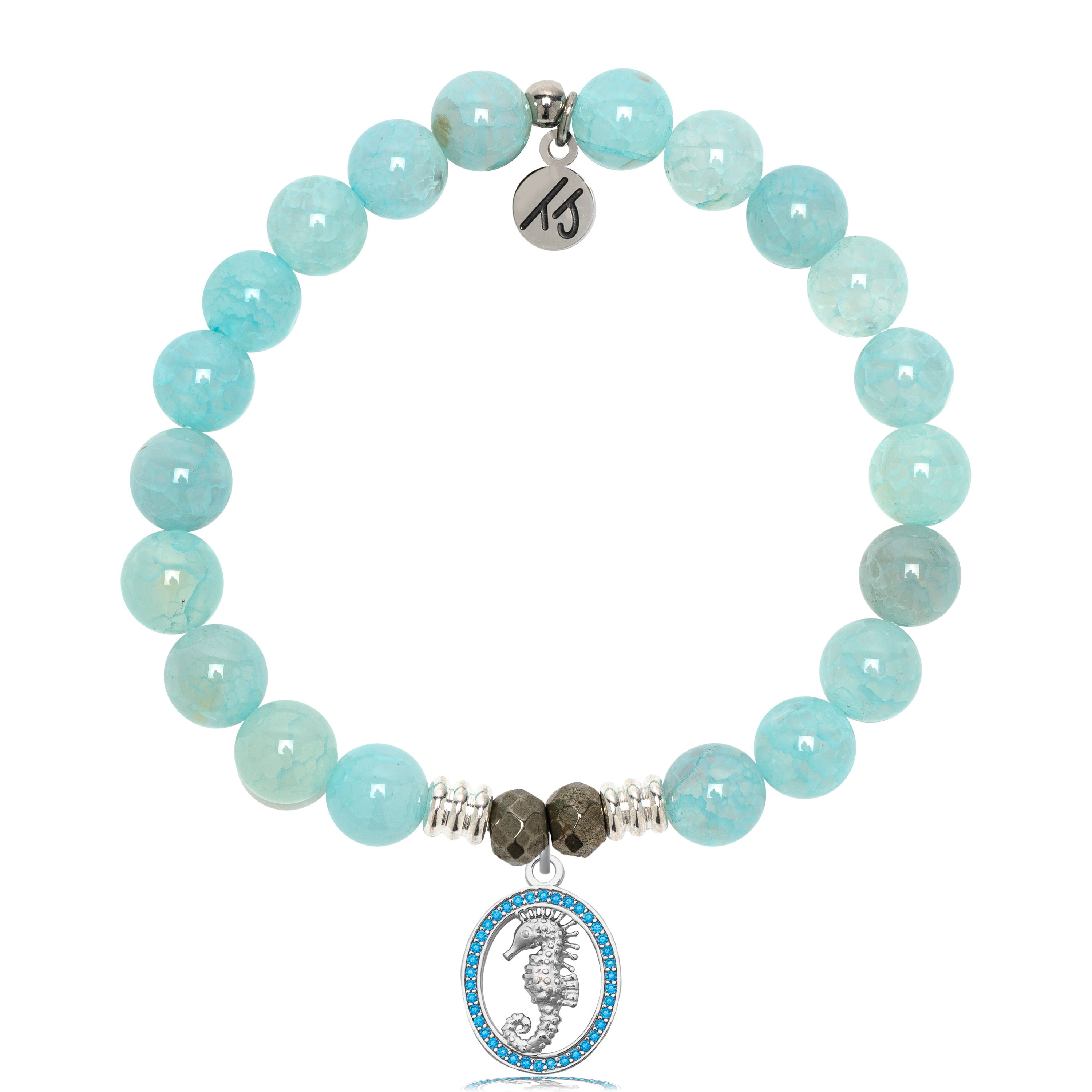 Aqua Fire Agate Gemstone Bracelet with Seahorse Sterling Silver Charm