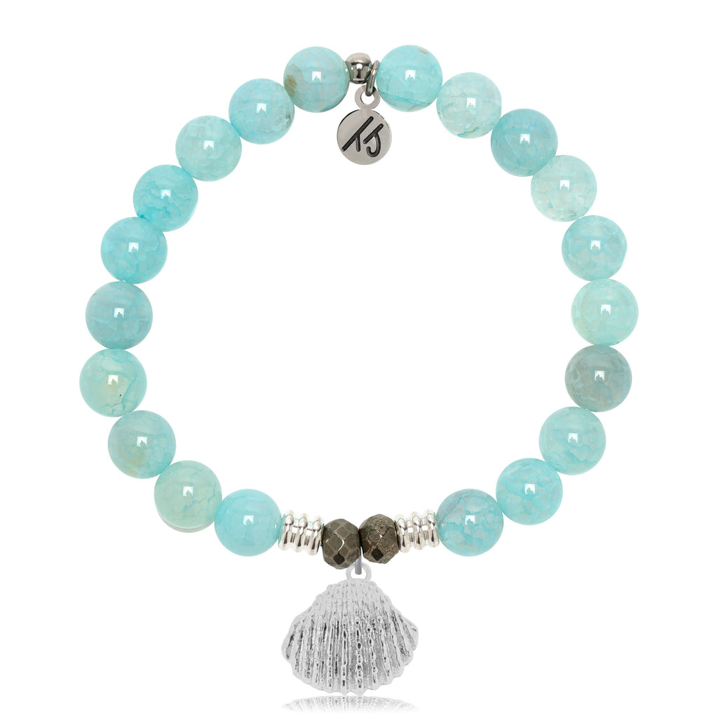 Aqua Fire Agate Gemstone Bracelet with Seashell Sterling Silver Charm