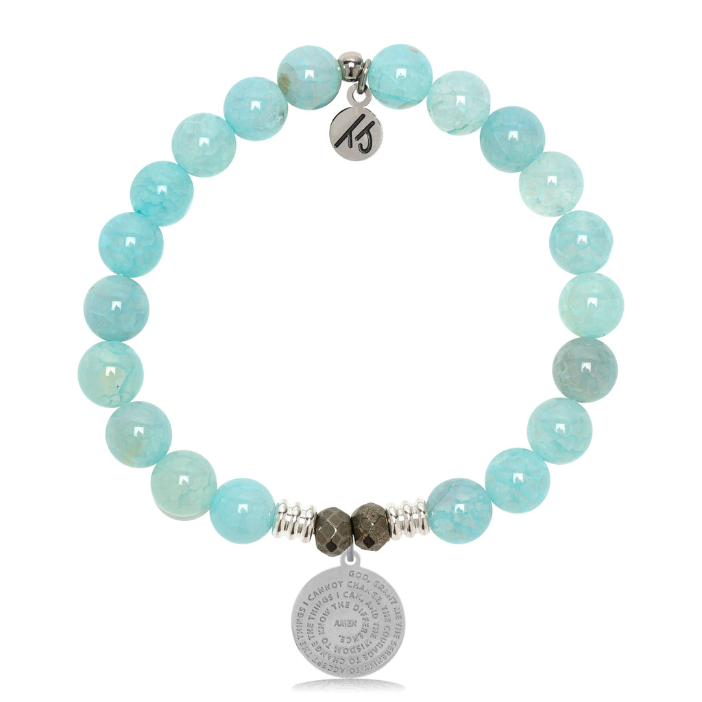 Aqua Fire Agate Gemstone Bracelet with Serenity Prayer Sterling Silver Charm