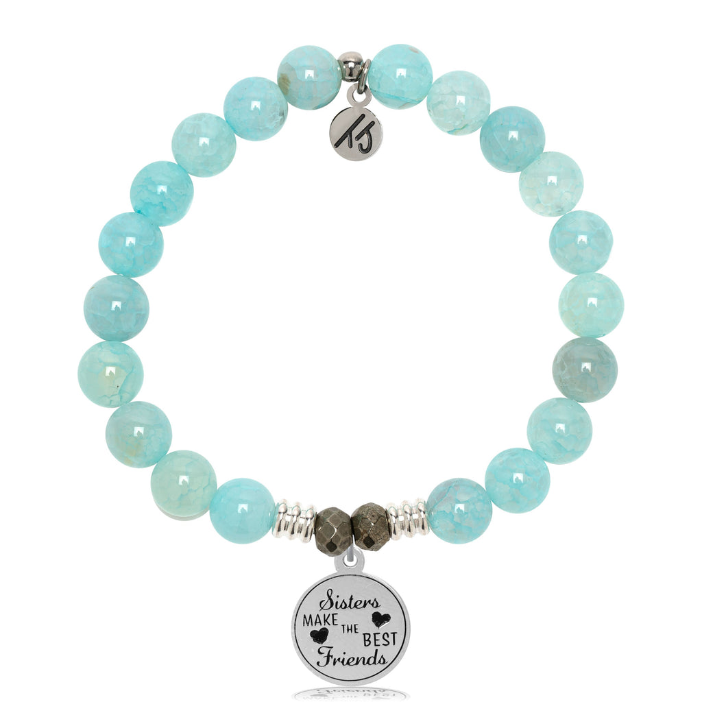 Aqua Fire Agate Gemstone Bracelet with Sister's Love Sterling Silver Charm