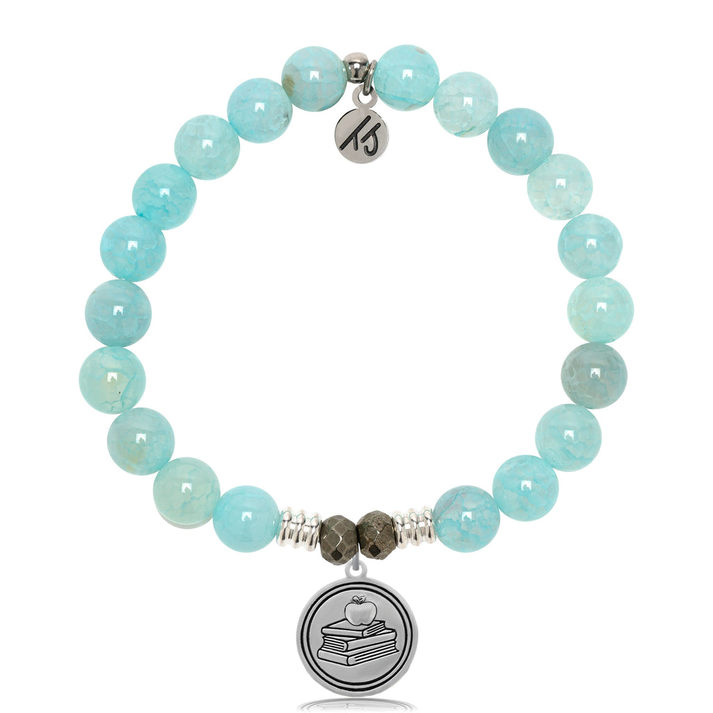 Aqua Fire Agate Gemstone Bracelet with Teacher Sterling Silver Charm