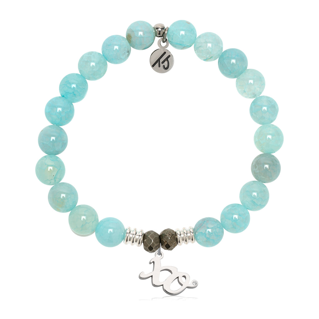 Aqua Fire Agate Gemstone Bracelet with XO Sterling Silver Charm