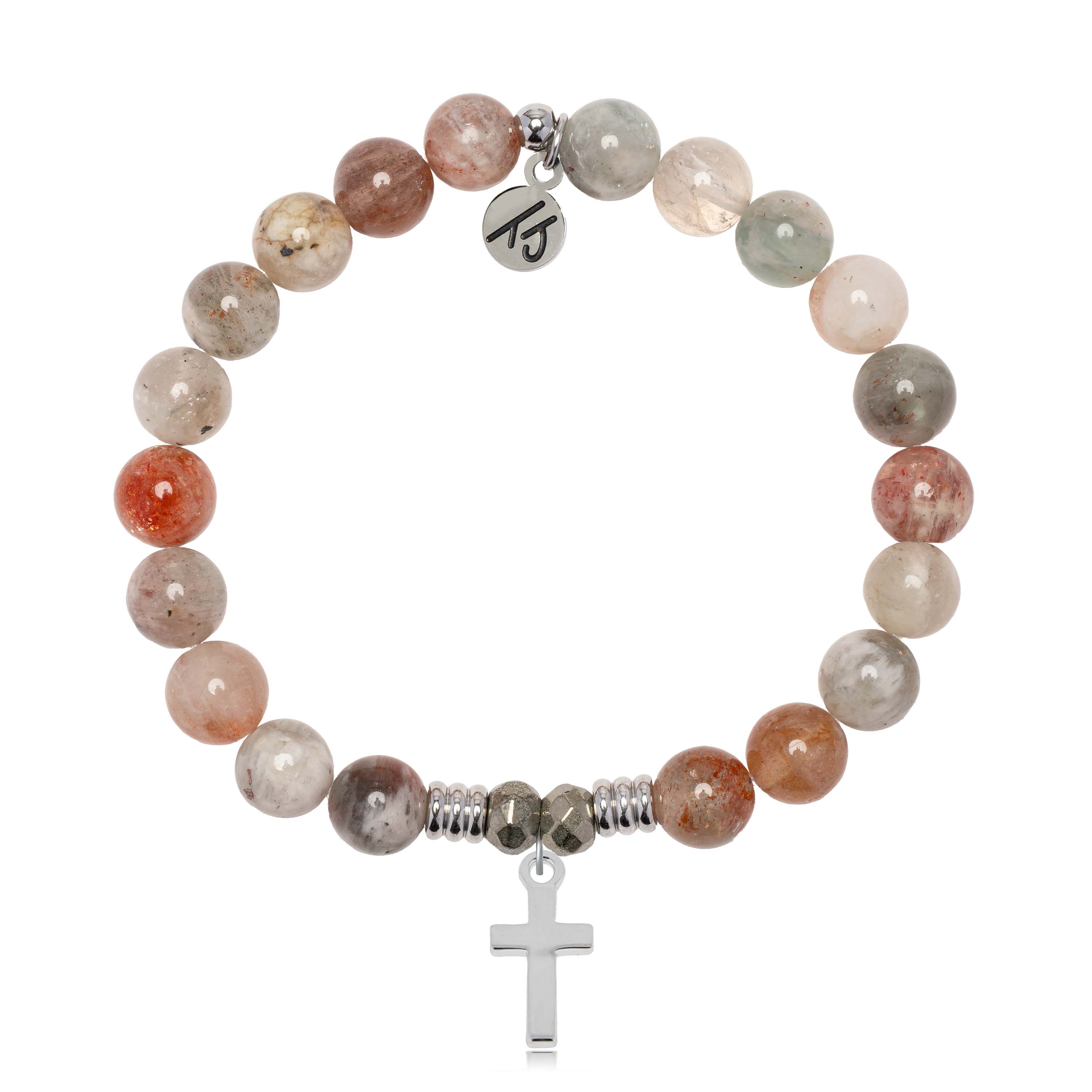 Arusha Agate Gemstone Bracelet with Cross Sterling Silver Charm