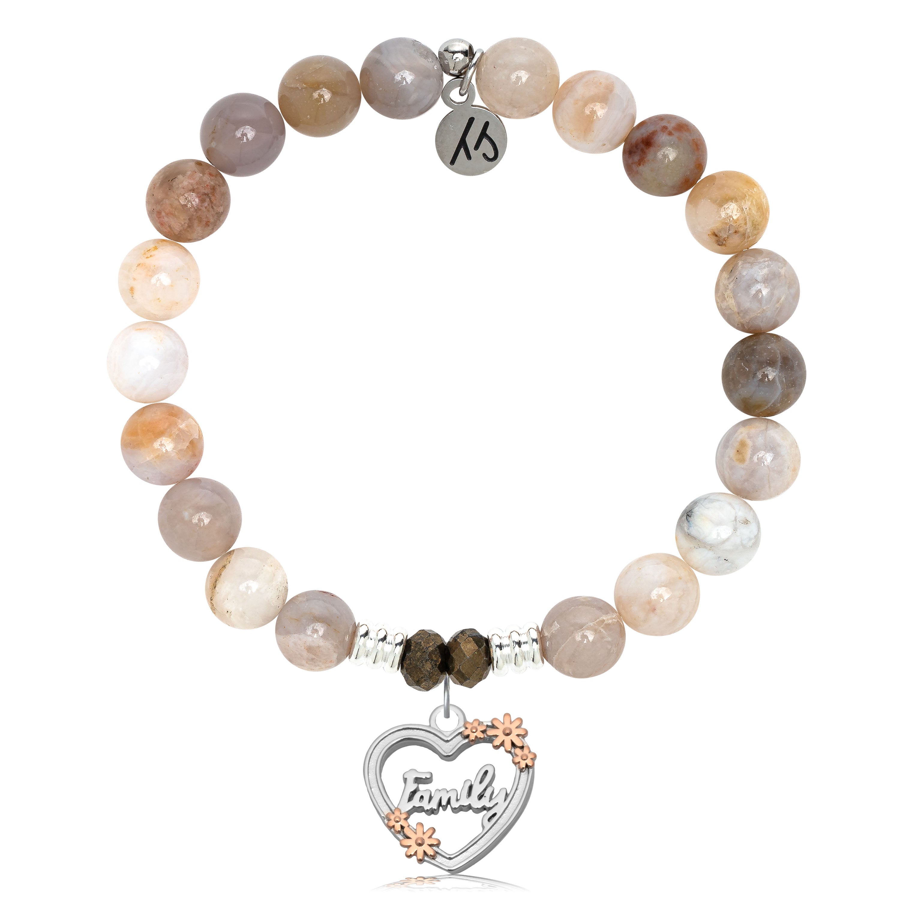 Australian Agate Gemstone Bracelet with Heart Family Sterling Silver Charm