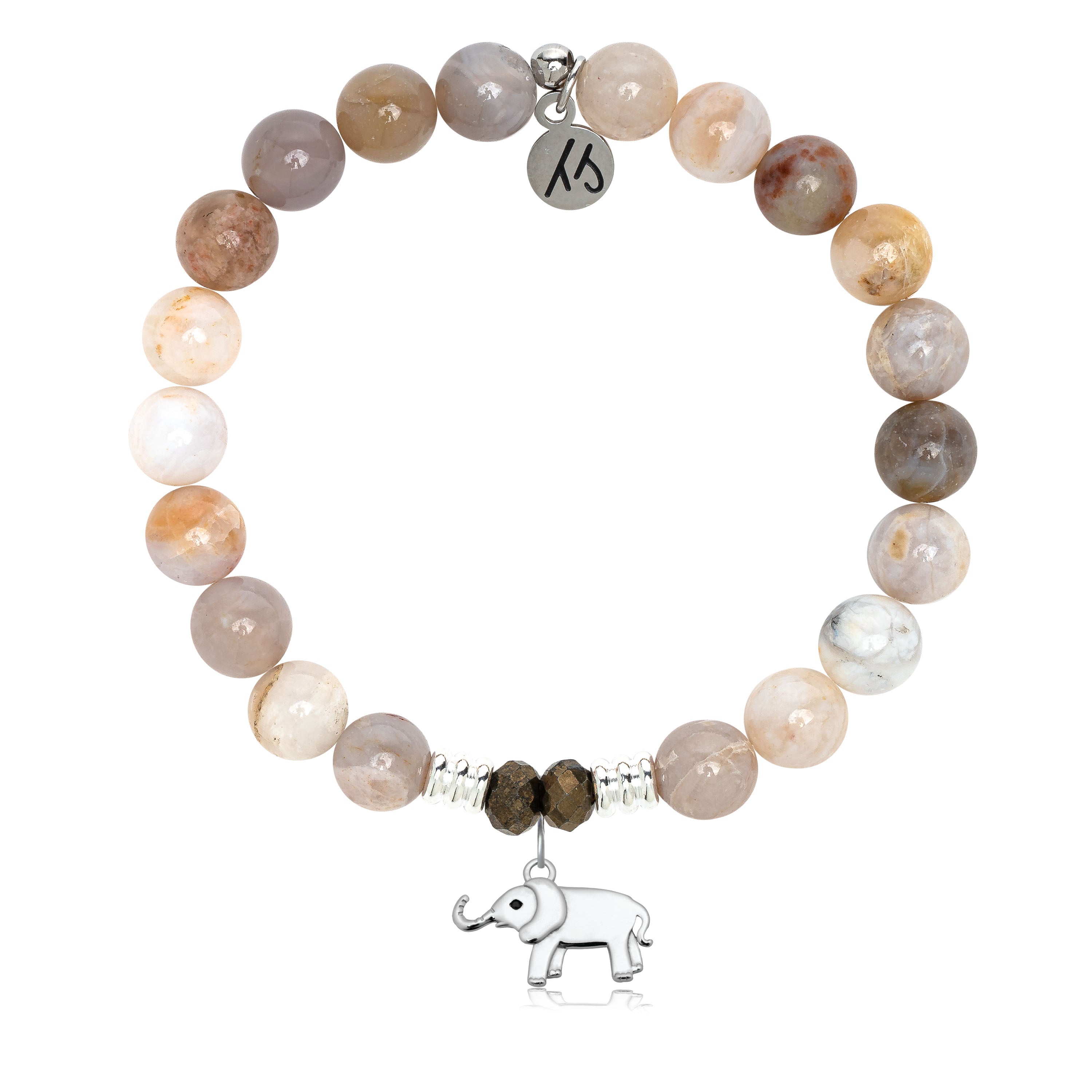Australian Agate Gemstone Bracelet with Lucky Elephant Cutout Sterling Silver Charm