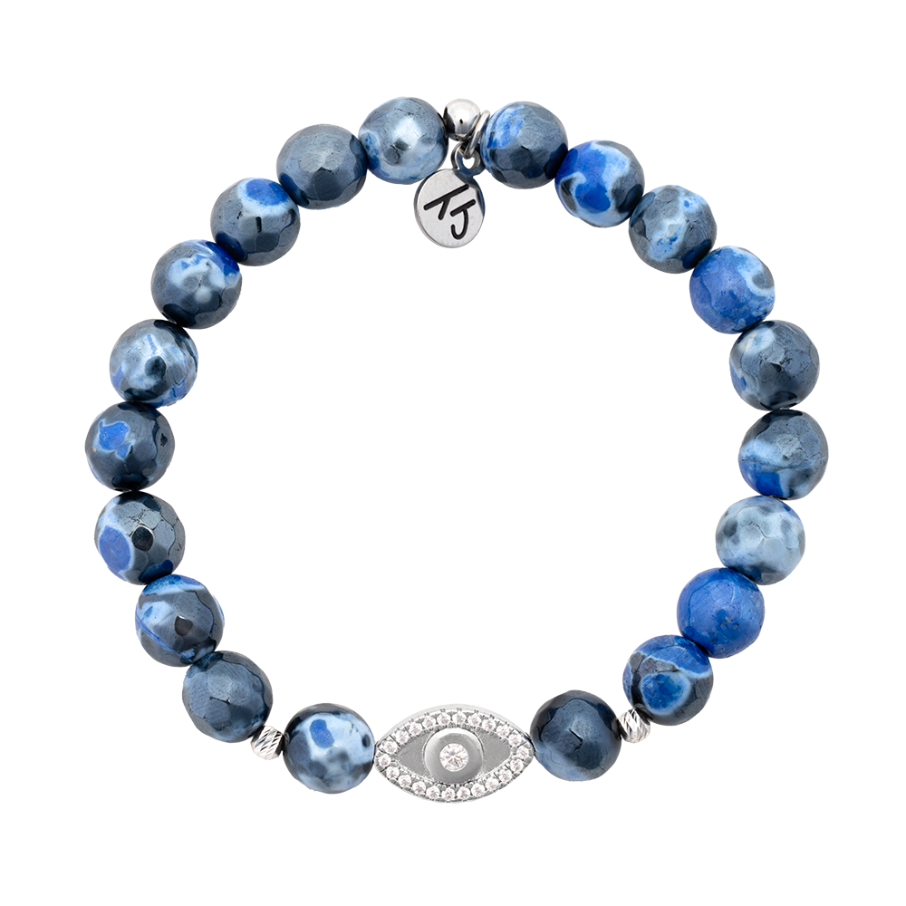 Beaded Moments Bracelet- Denim Blue Agate with Evil Eye Sterling Silver Charm