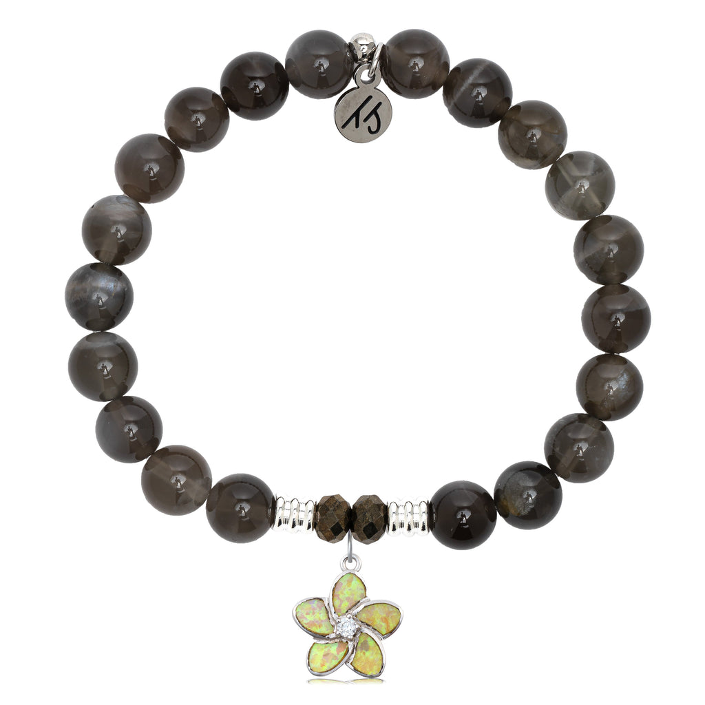 Black Moonstone Stone Bracelet with Flower of Positivity Sterling Silver Charm