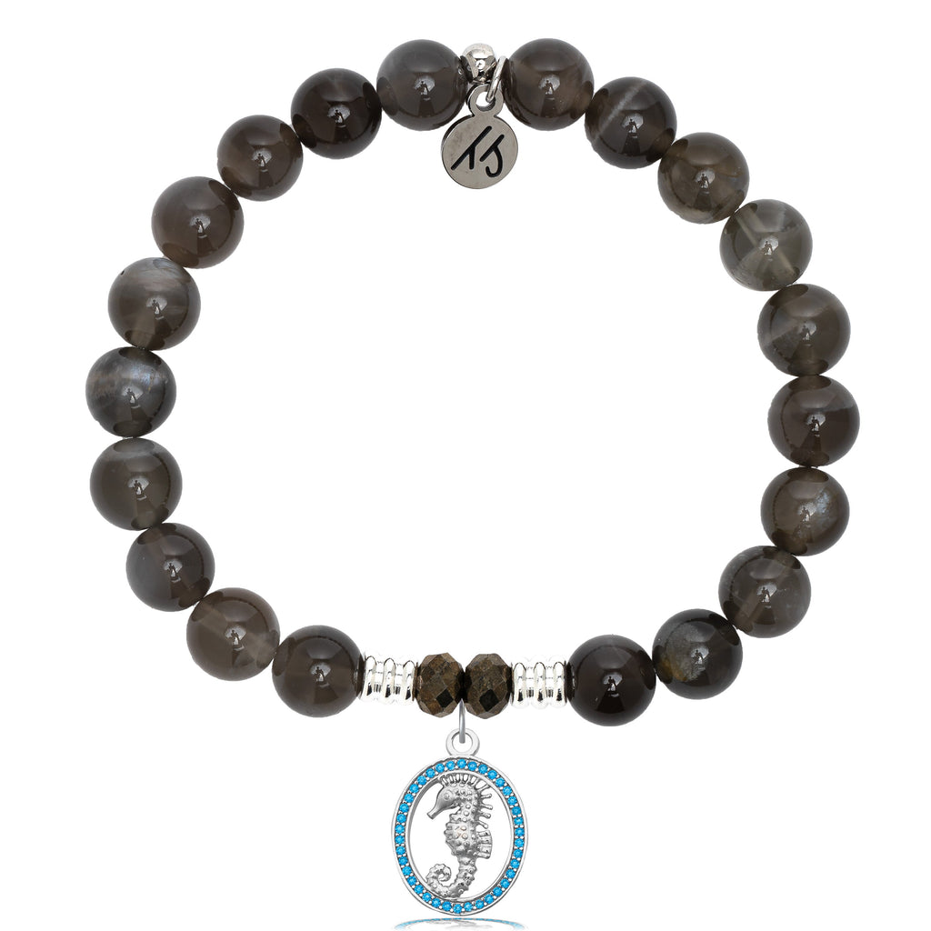 Black Moonstone Stone Bracelet with Seahorse Sterling Silver Charm