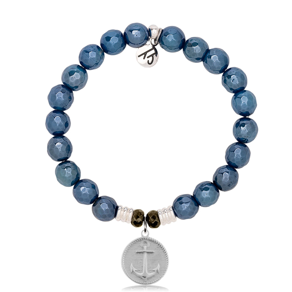 Blue Agate Gemstone Bracelet with Anchor Sterling Silver Charm