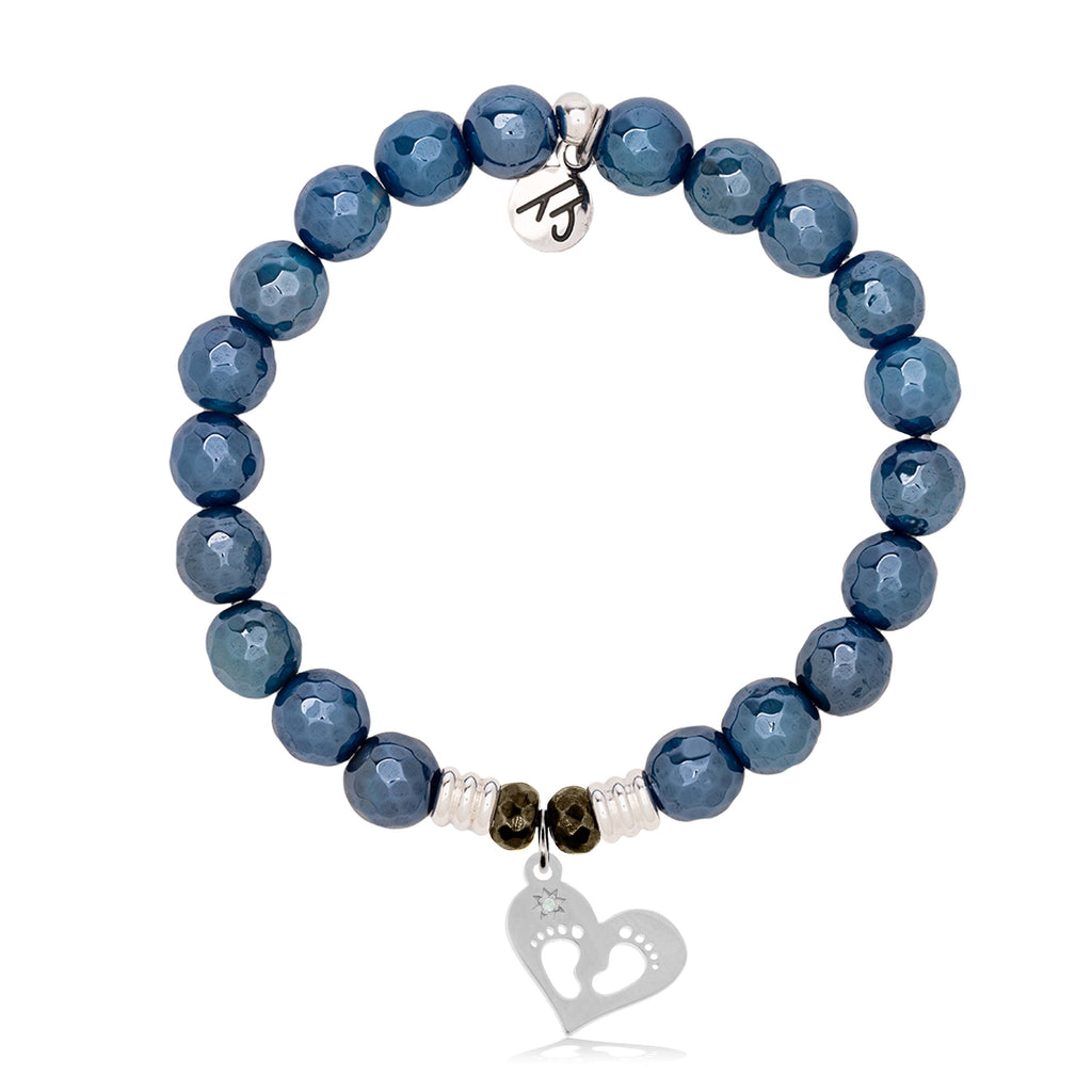 Blue Agate Gemstone Bracelet with Baby Feet Sterling Silver Charm